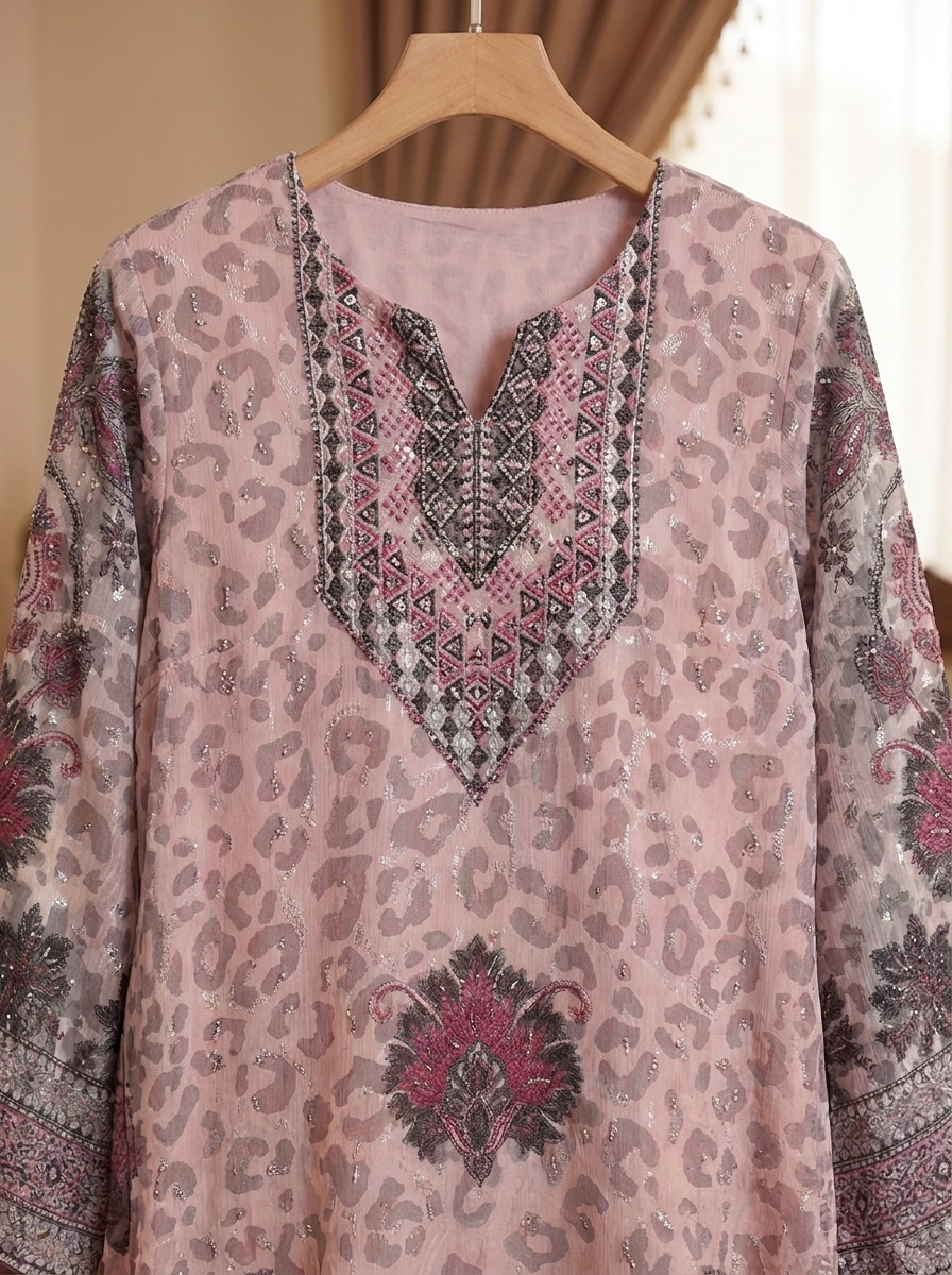 Women’s Pink Animal Print Embroidered Maxi Kaftan Dress with Matching Hijab – Elegant Long-Sleeve Festive Abaya