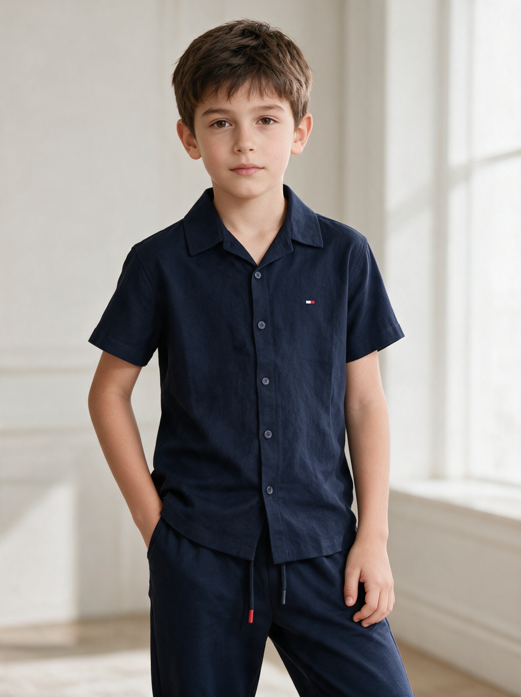 Boys’ Navy Blue Short-Sleeve Button-Down Shirt and Jogger Pants Matching Set