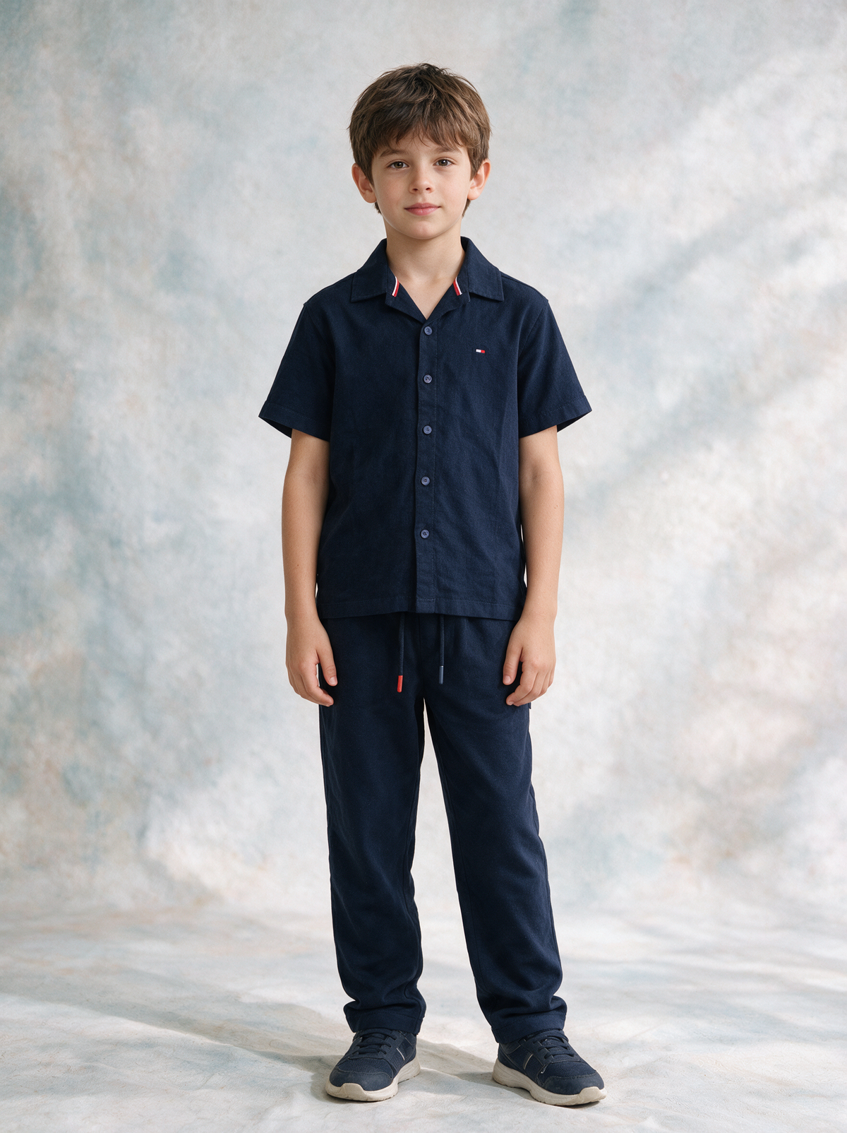 Boys’ Navy Blue Short-Sleeve Button-Down Shirt and Jogger Pants Matching Set