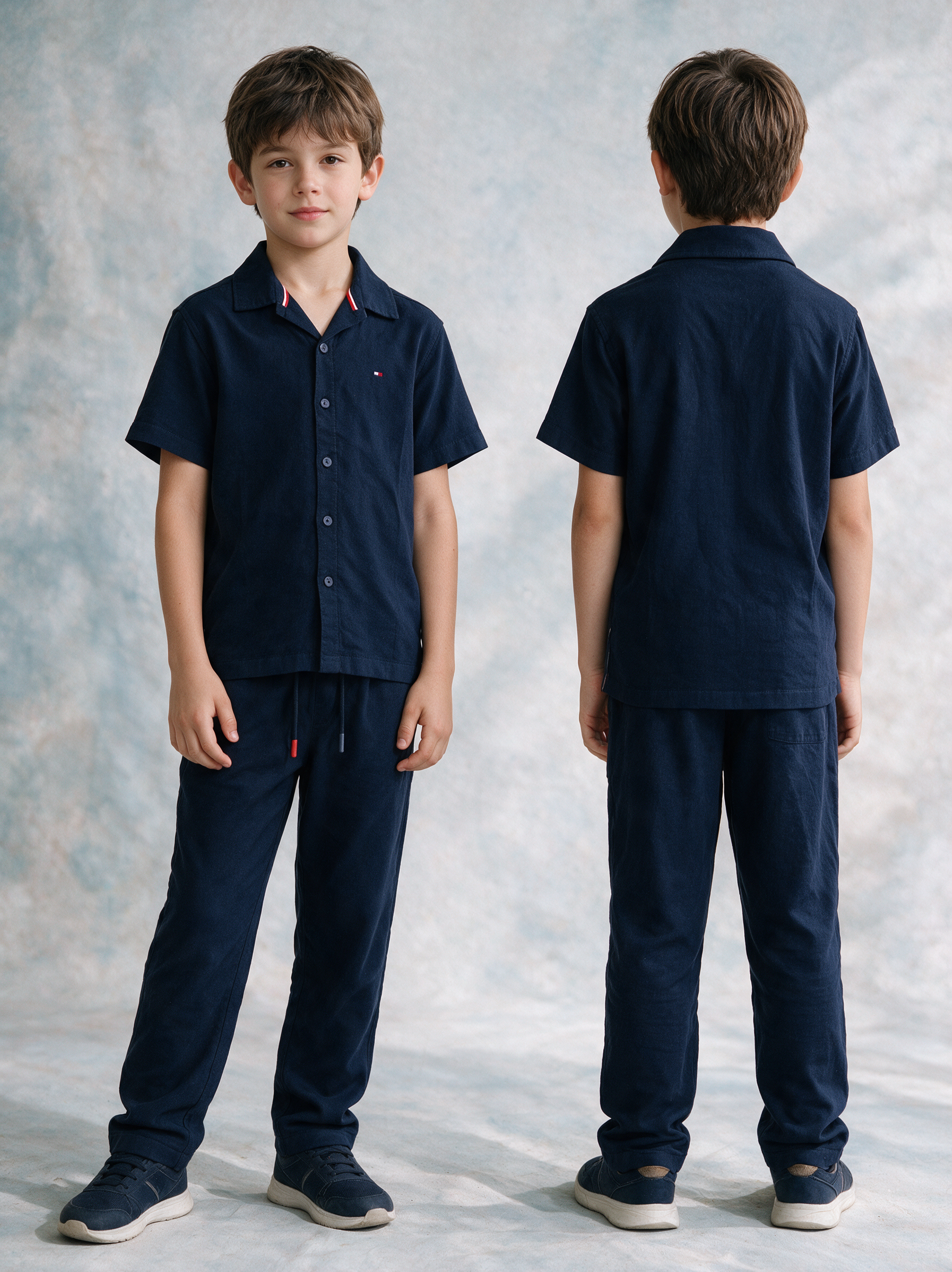 Boys’ Navy Blue Short-Sleeve Button-Down Shirt and Jogger Pants Matching Set