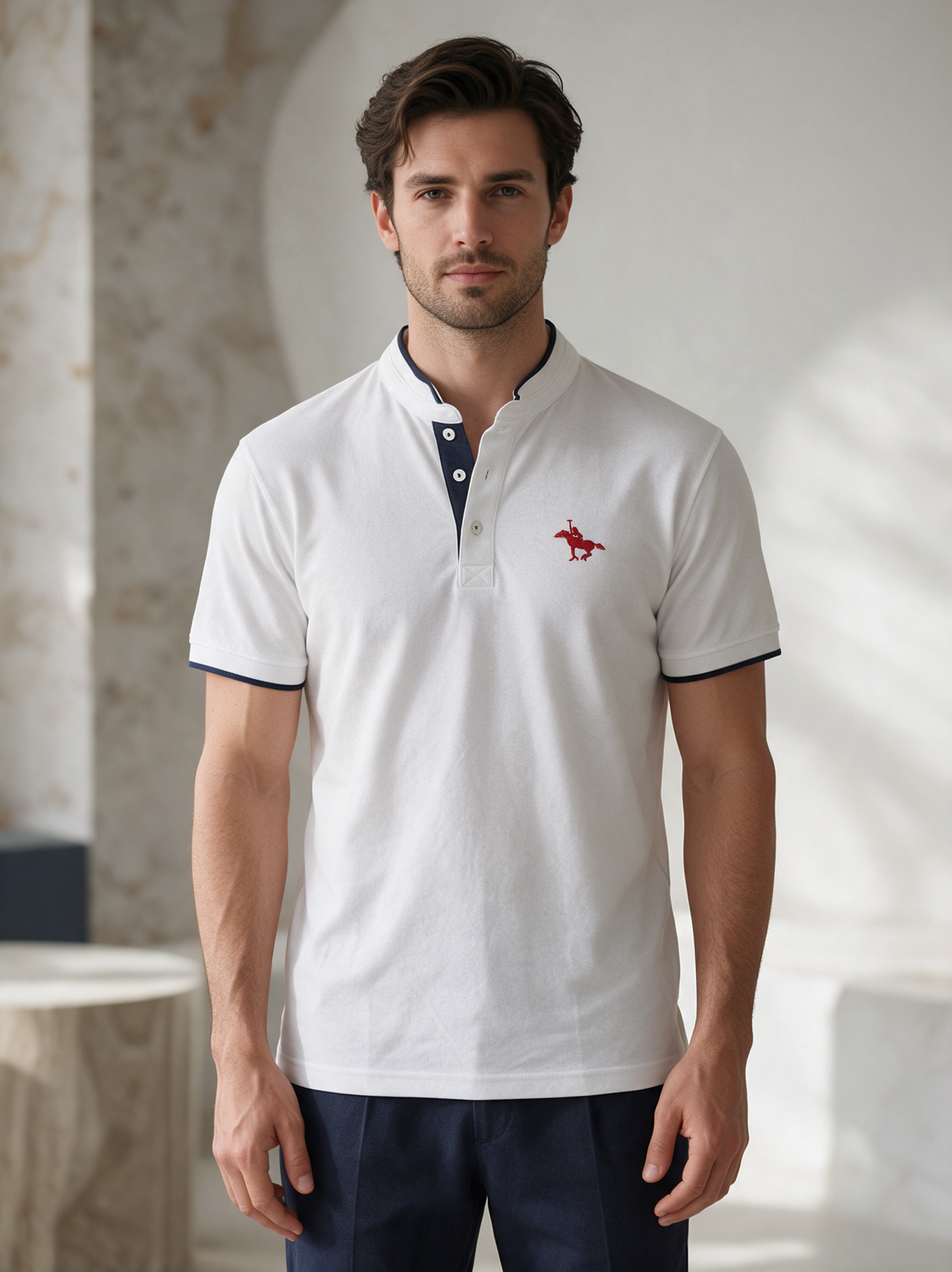 Men’s White Mandarin Collar Polo Shirt with Contrast Trim & Red Polo Rider Embroidery