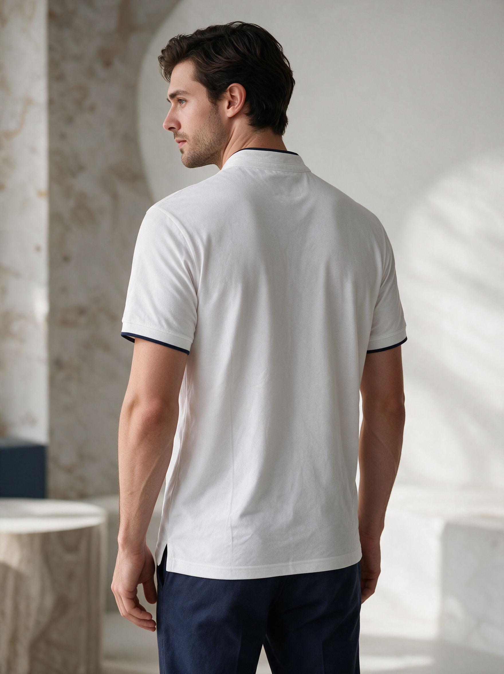 Men’s White Mandarin Collar Polo Shirt with Contrast Trim & Red Polo Rider Embroidery