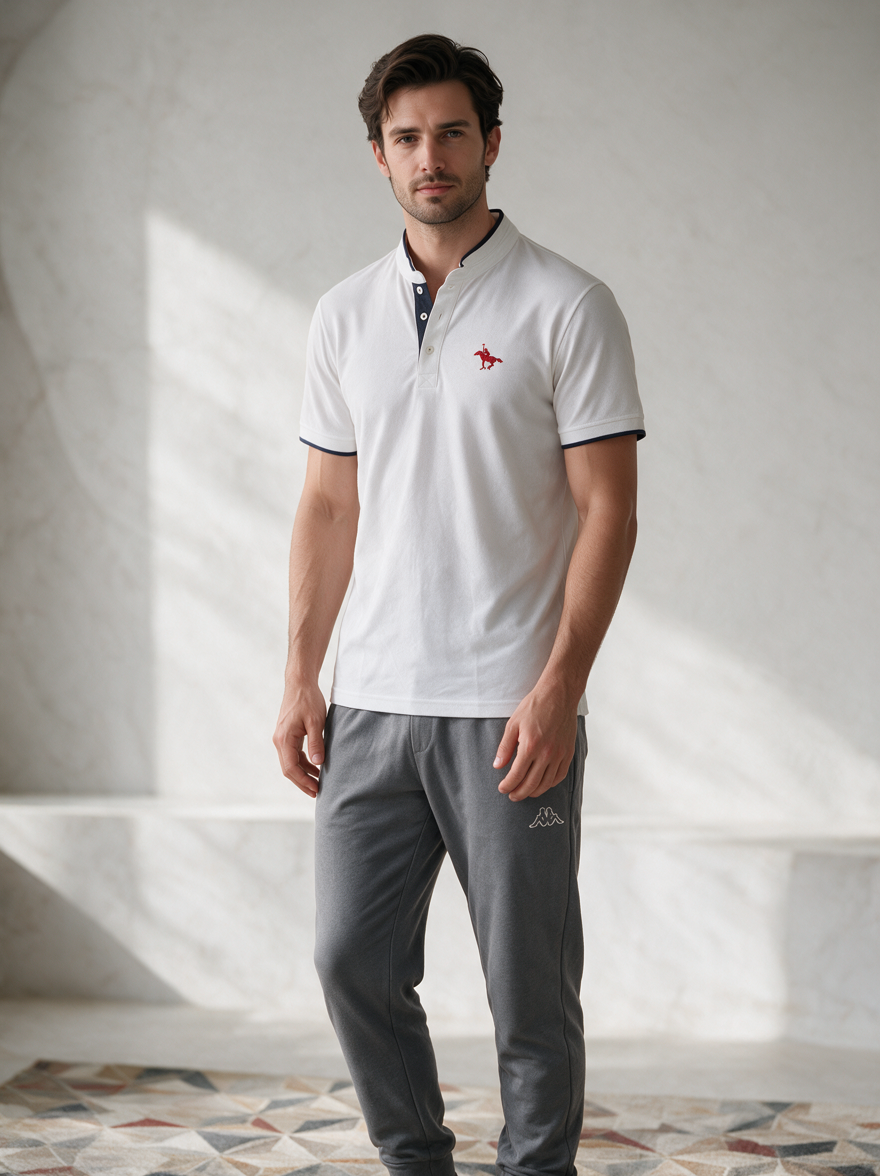 Men’s White Mandarin Collar Polo Shirt with Contrast Trim & Red Polo Rider Embroidery