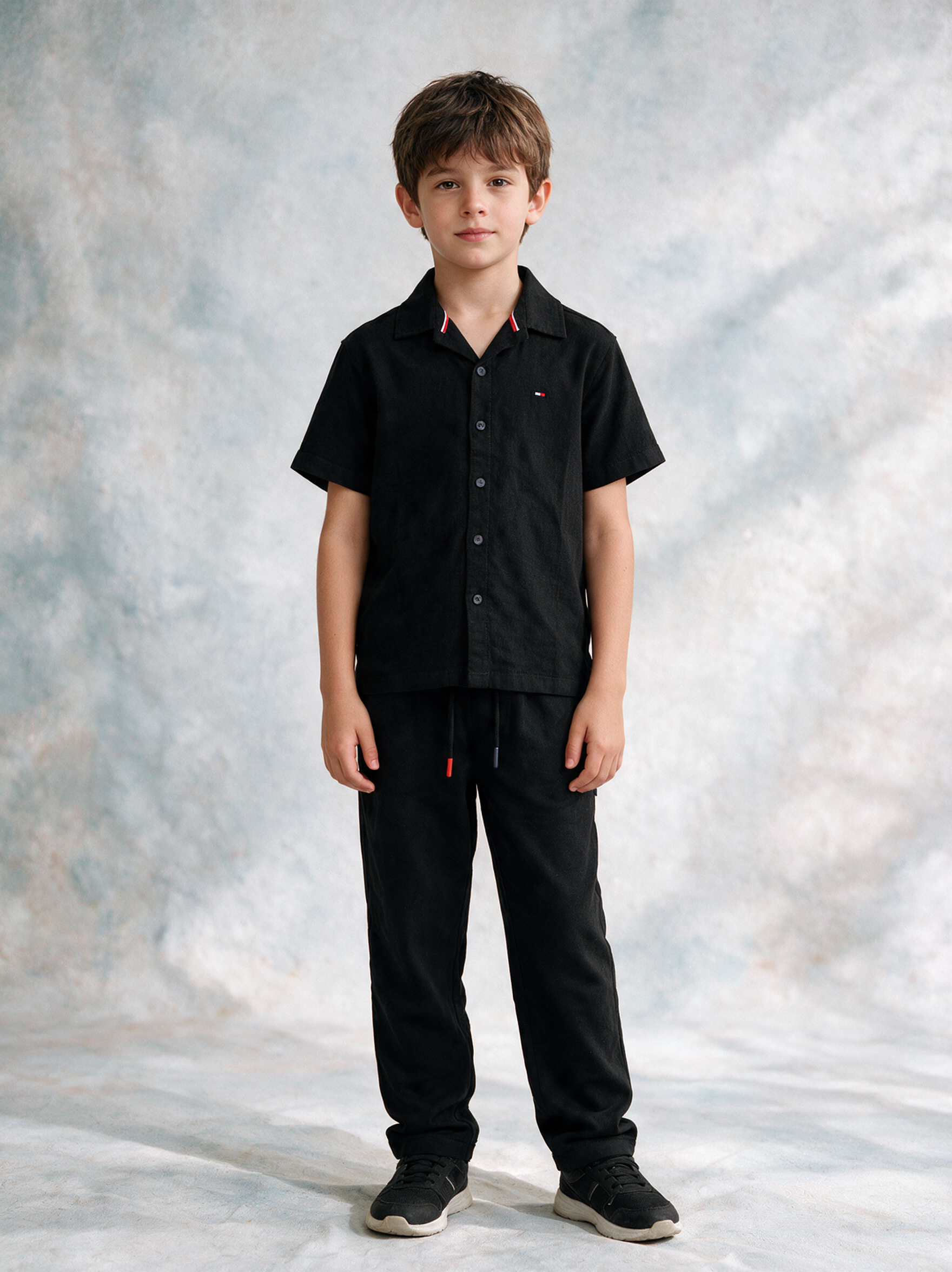 Boys’ Navy Blue Short-Sleeve Button-Down Shirt and Jogger Pants Matching Set