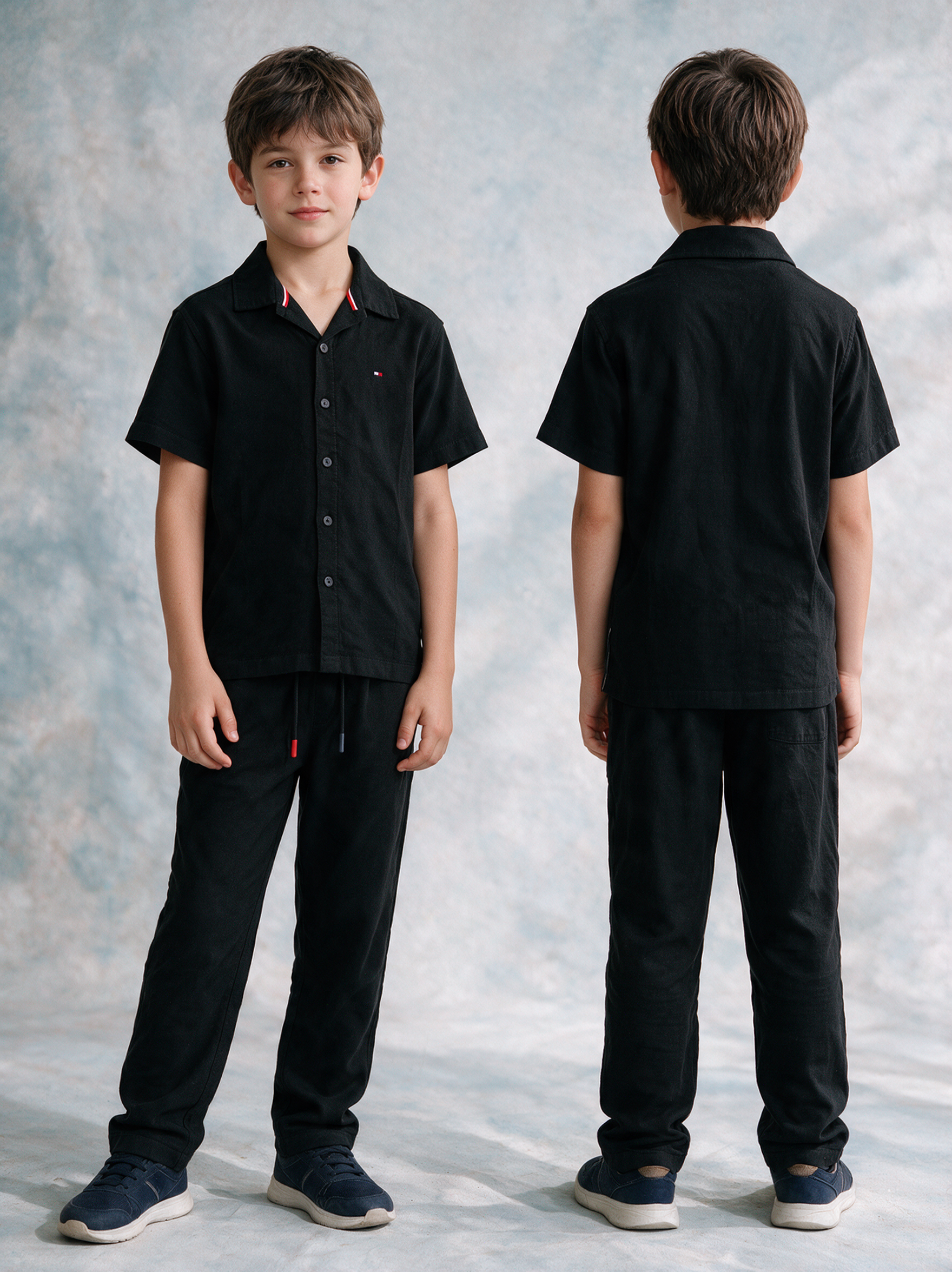 Boys’ Navy Blue Short-Sleeve Button-Down Shirt and Jogger Pants Matching Set