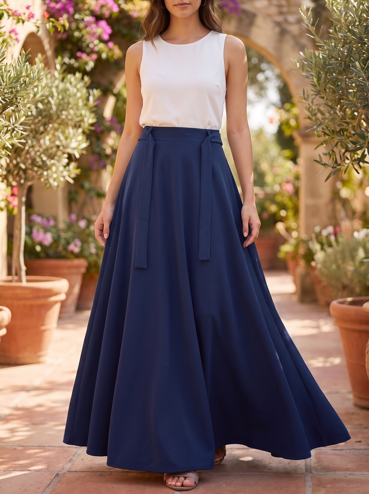Women’s Finelook Elegant Skirt with Belt – White, Navy, and Black