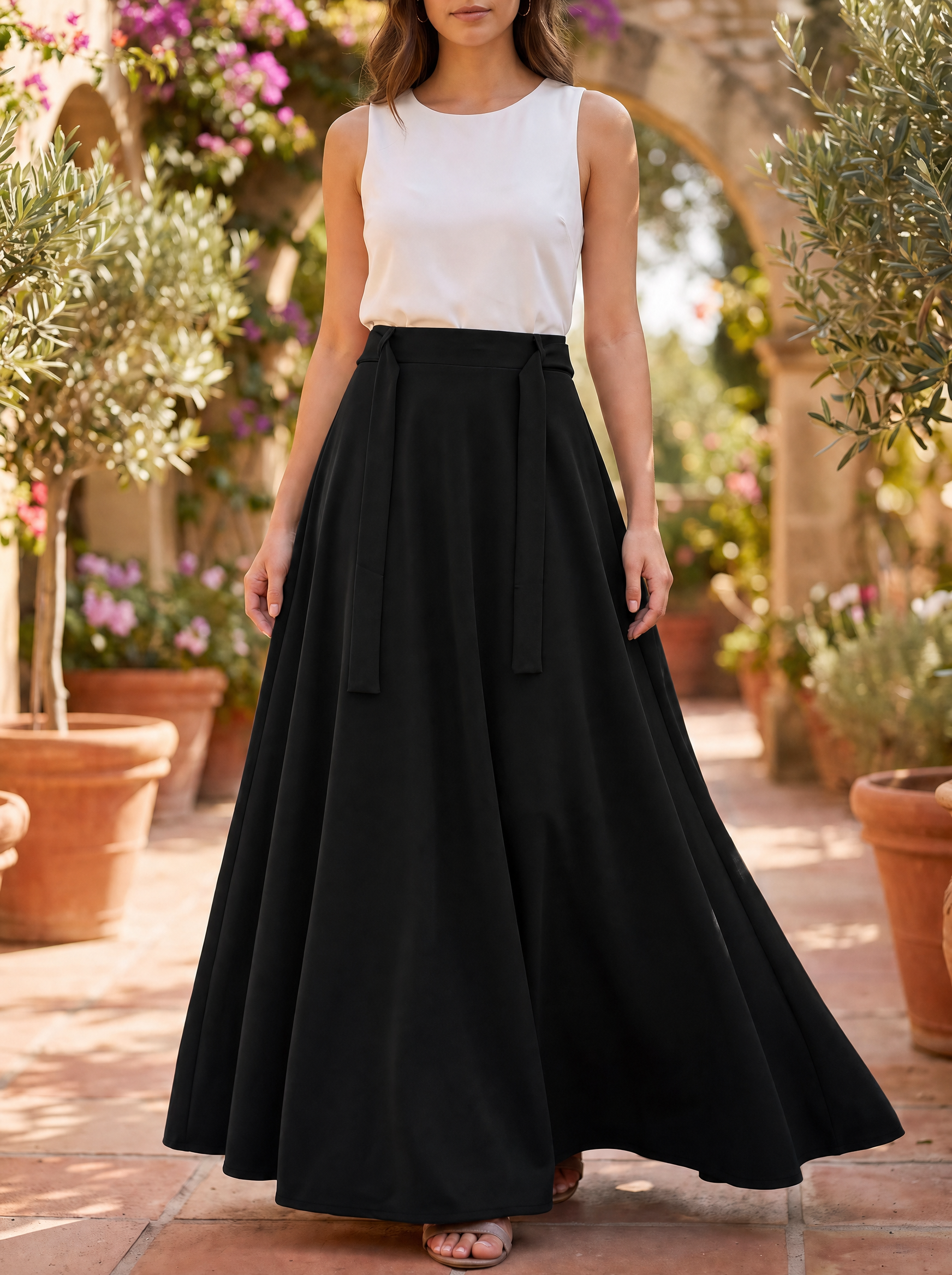 Women’s Finelook Elegant Skirt with Belt – White, Navy, and Black