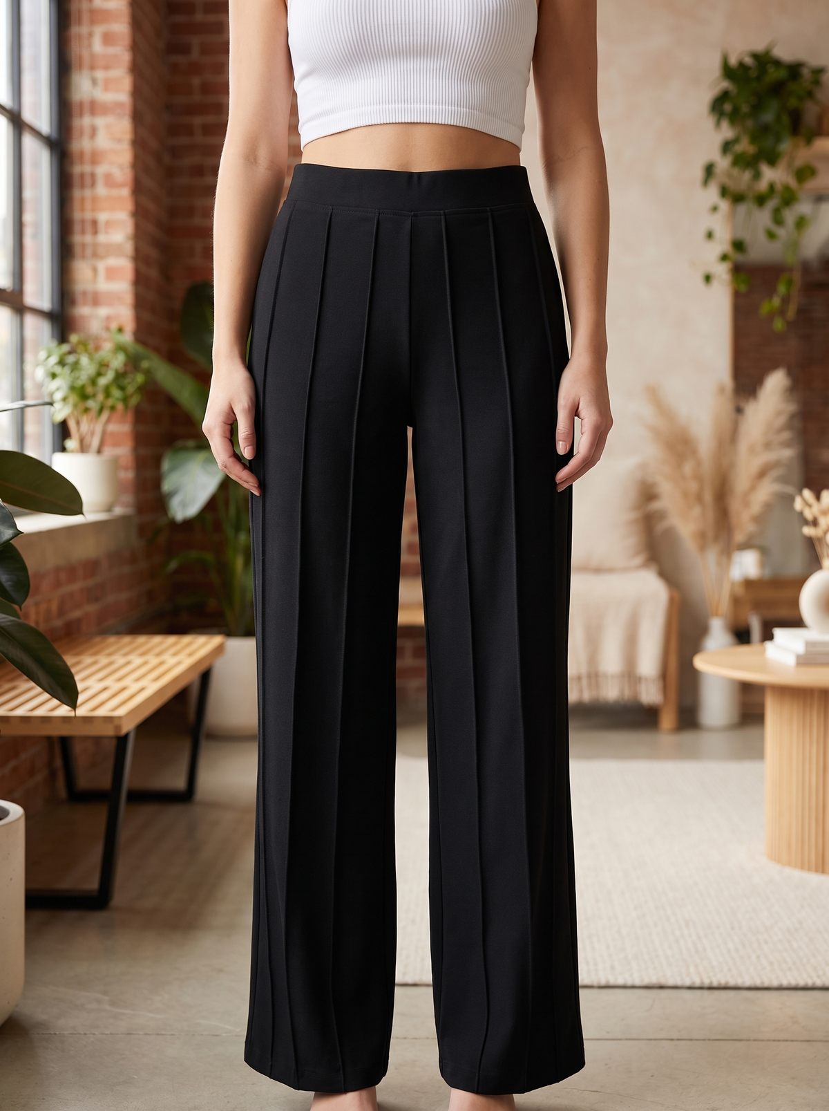 Women’s Black High-Waist Pintuck Wide-Leg Trousers – Elegant Casual & Office Pants