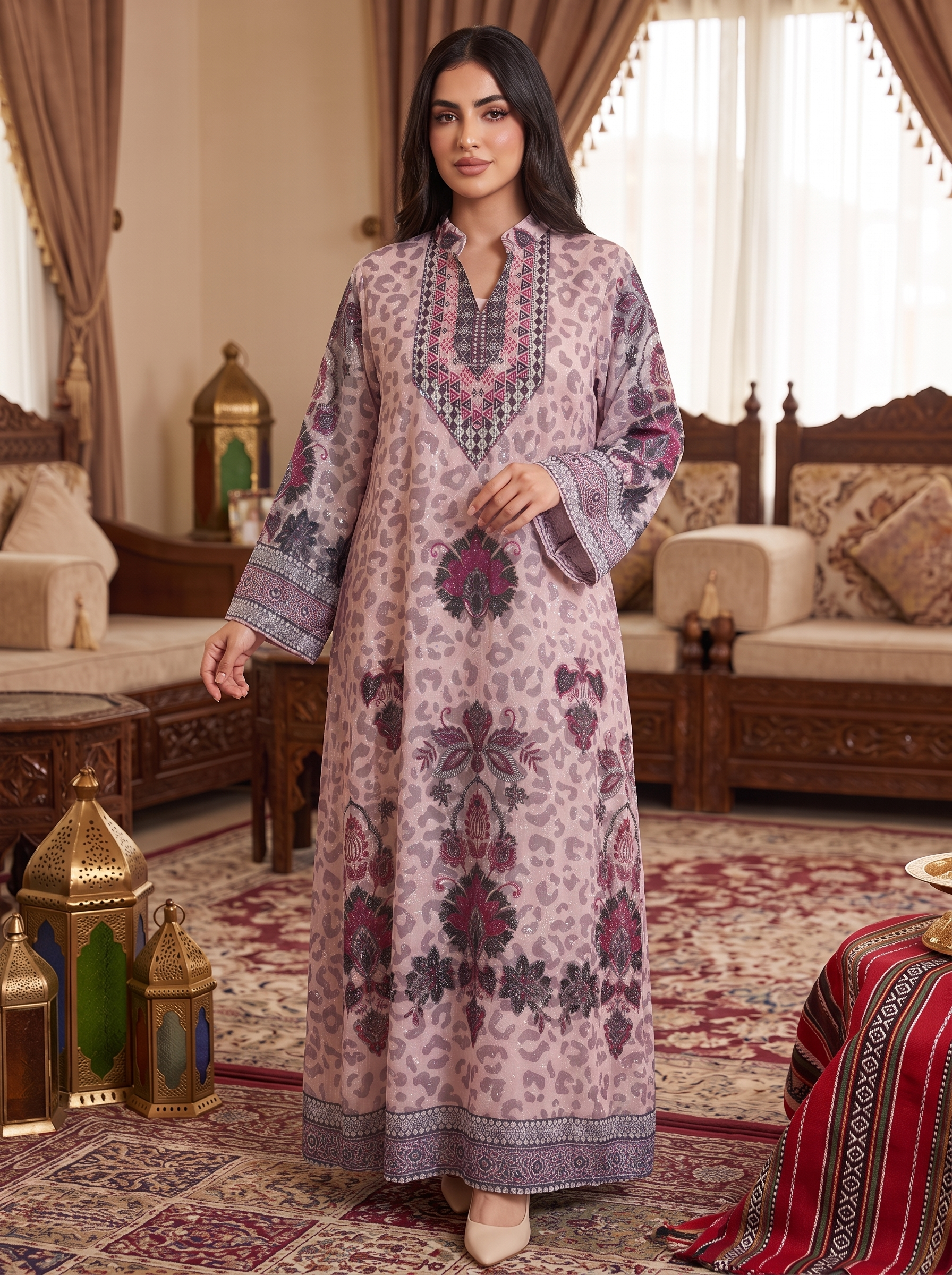 Women’s Pink Animal Print Embroidered Maxi Kaftan Dress – Elegant Long-Sleeve Dress