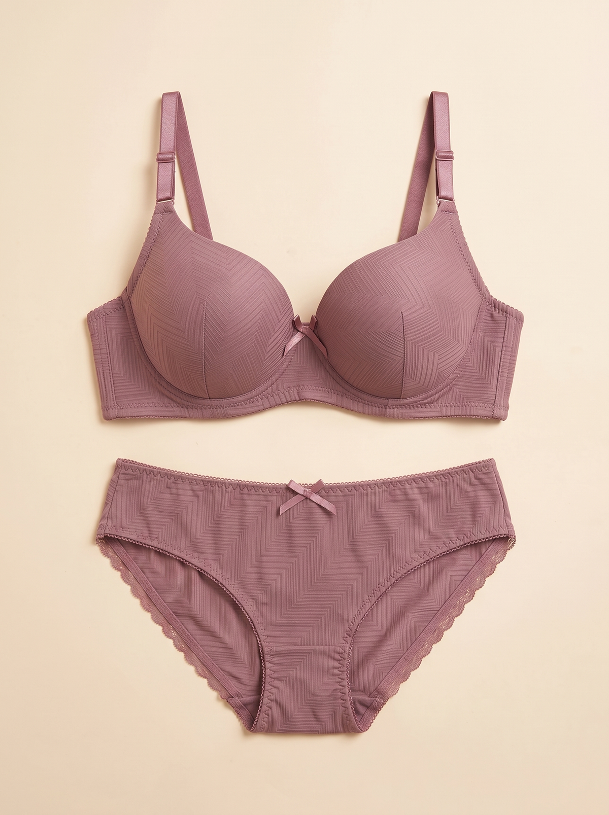 Chevron Textured Lingerie Set – Matching Underwire Bra and Lace-Trim Briefs