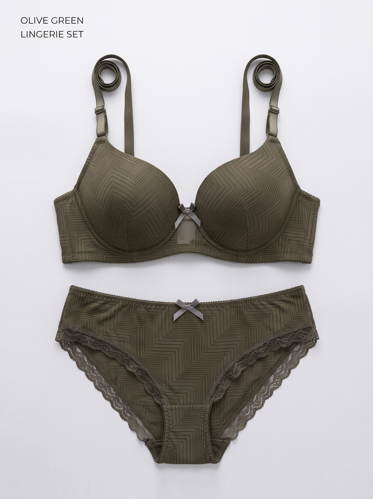 Chevron Textured Lingerie Set – Matching Underwire Bra and Lace-Trim Briefs