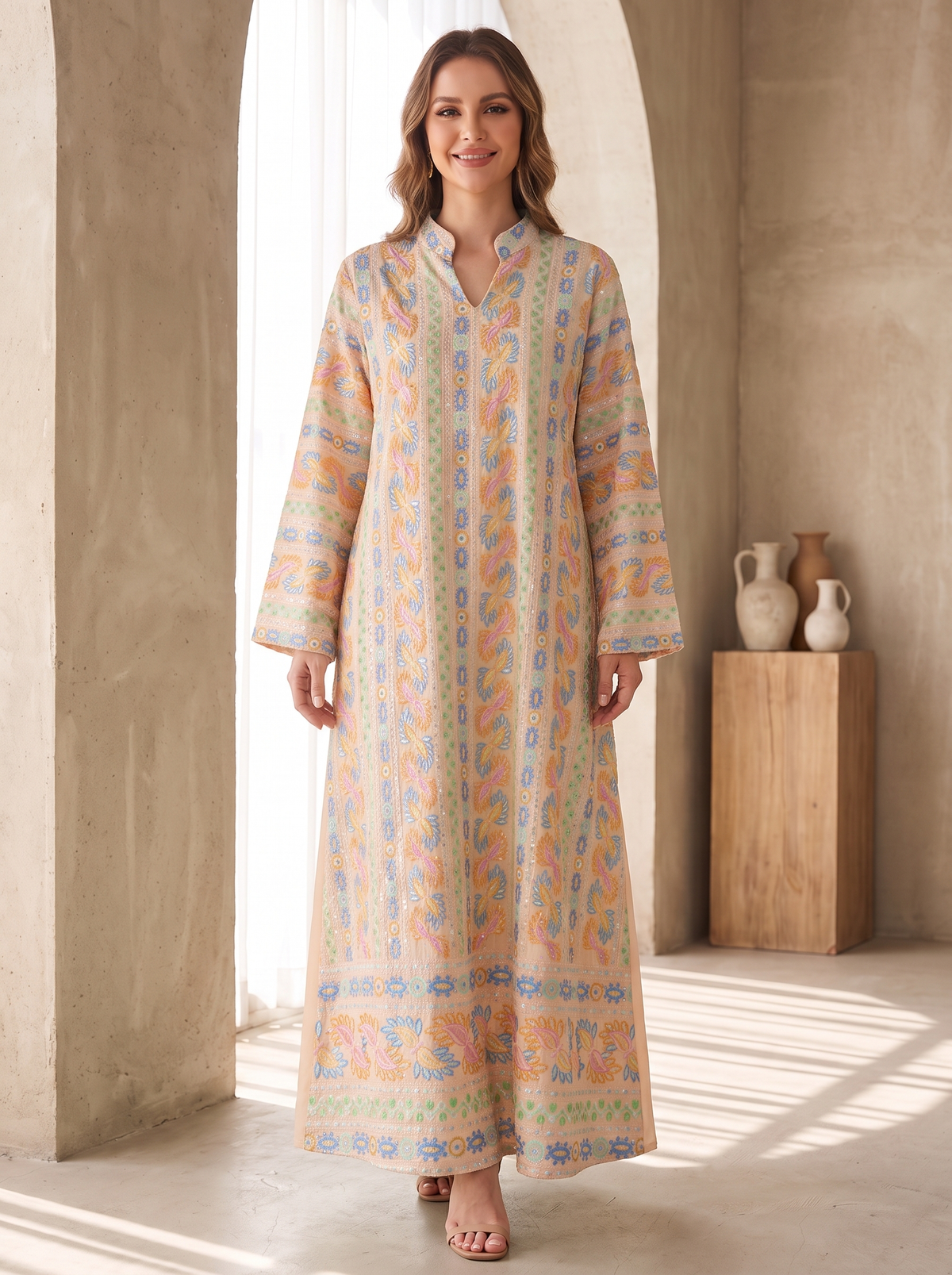 Women’s Pink Embroidered Front-Panel Maxi Kaftan Dress – Elegant Long-Sleeve Festive Abaya