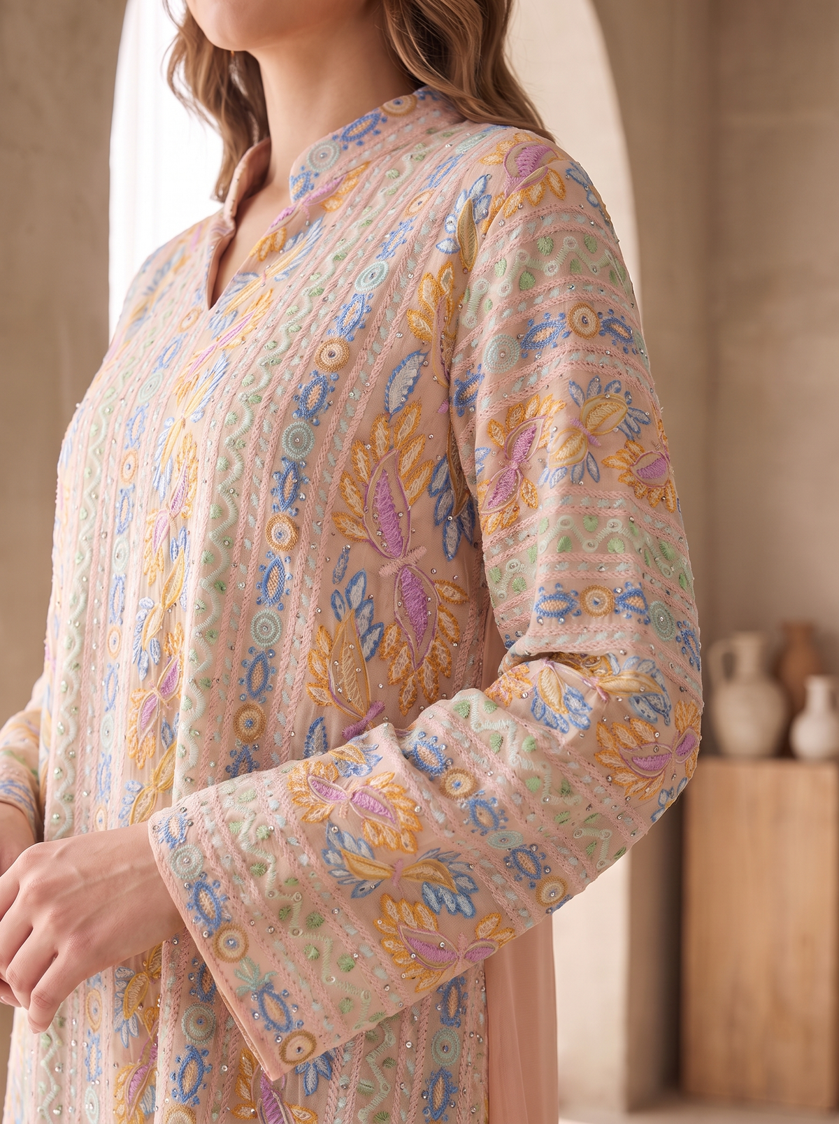 Women’s Pink Embroidered Front-Panel Maxi Kaftan Dress – Elegant Long-Sleeve Festive Abaya