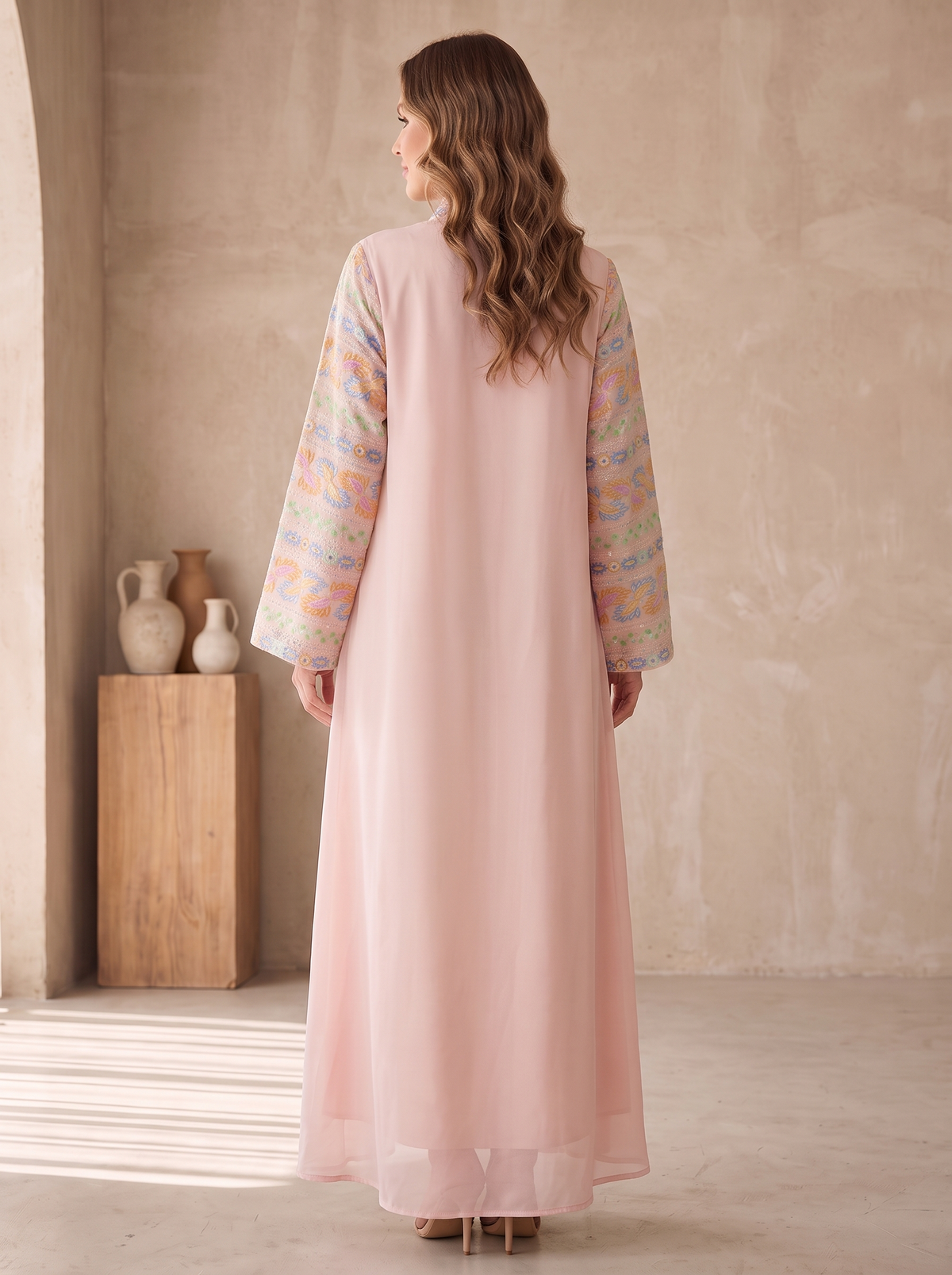 Women’s Pink Embroidered Front-Panel Maxi Kaftan Dress – Elegant Long-Sleeve Festive Abaya