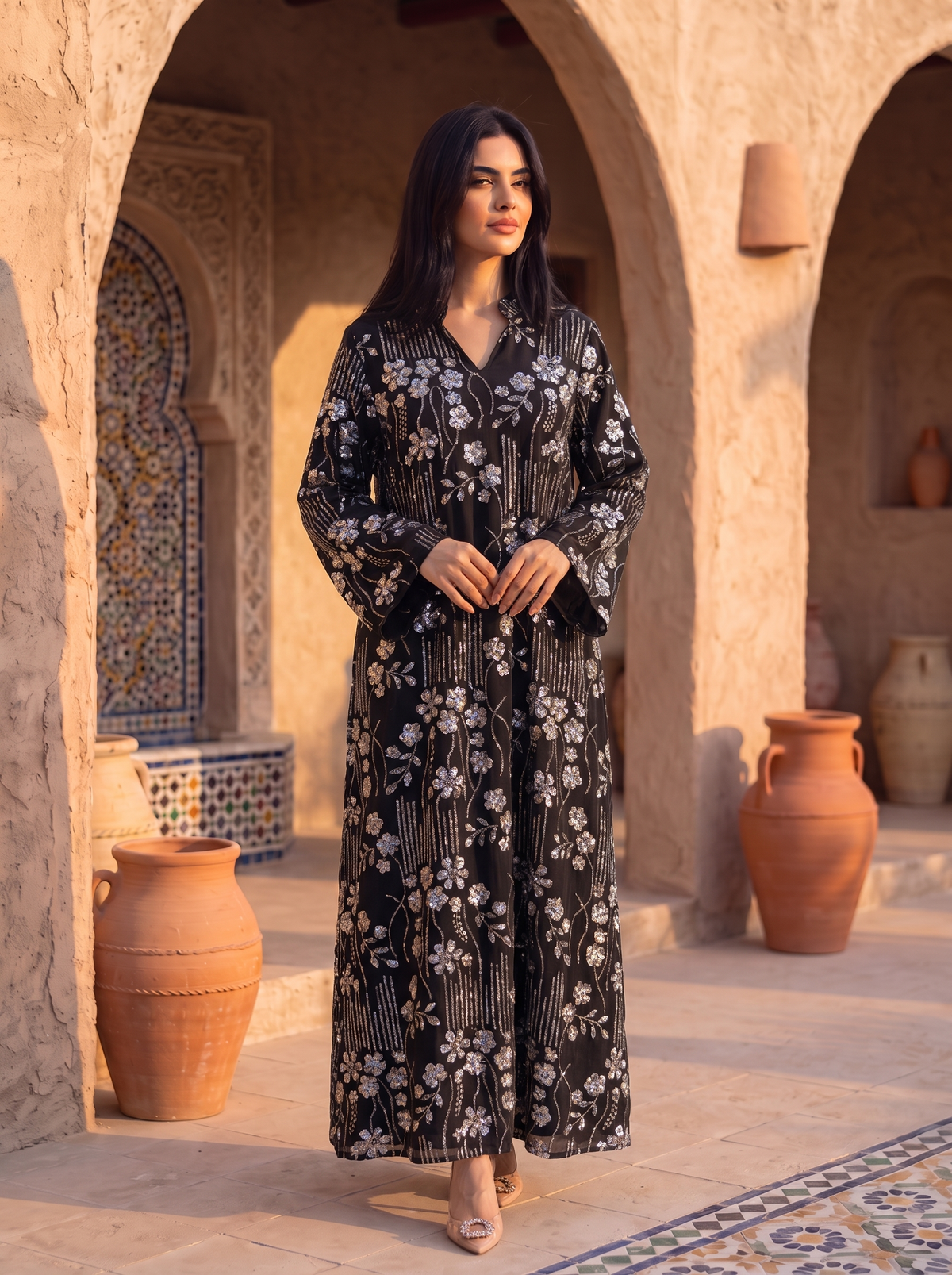 Women’s Black-Sequin Floral Embroidered Maxi Kaftan Dress – Elegant Long-Sleeve Festive Abaya
