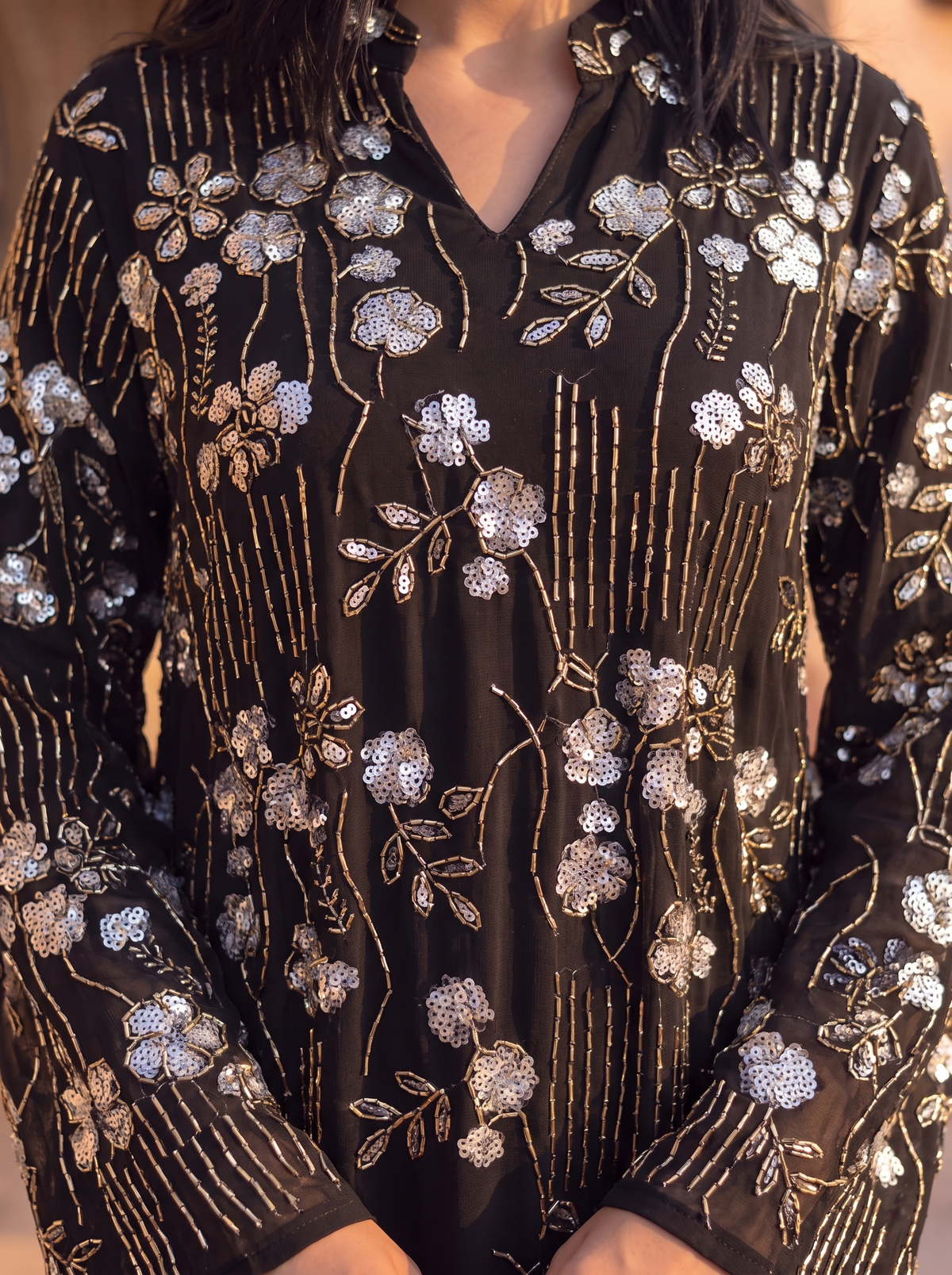 Women’s Black-Sequin Floral Embroidered Maxi Kaftan Dress – Elegant Long-Sleeve Festive Abaya