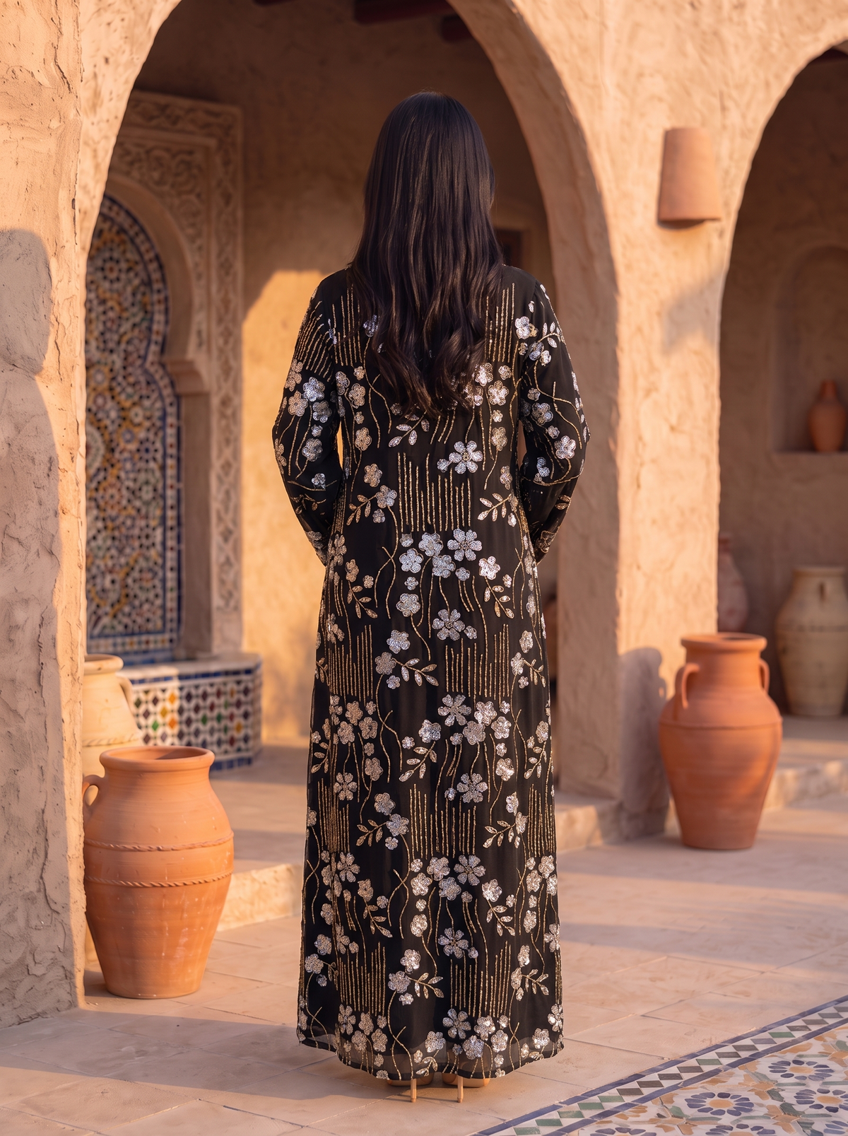 Women’s Black-Sequin Floral Embroidered Maxi Kaftan Dress – Elegant Long-Sleeve Festive Abaya