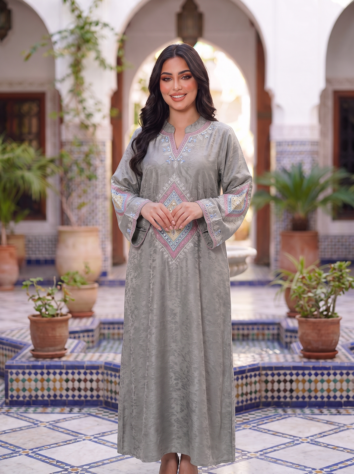 Women’s Gray Geometric Embroidered Maxi Kaftan Dress – Elegant Long-Sleeve Festive Abaya