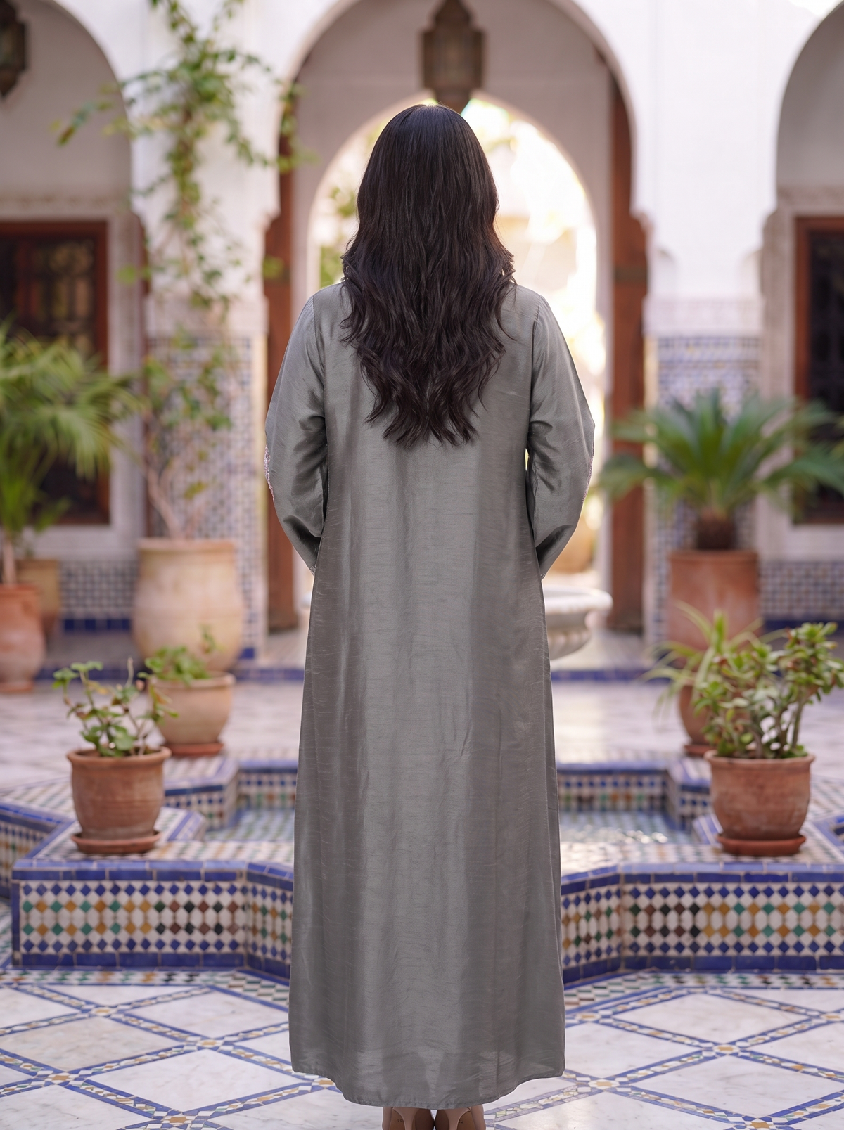 Women’s Gray Geometric Embroidered Maxi Kaftan Dress – Elegant Long-Sleeve Festive Abaya