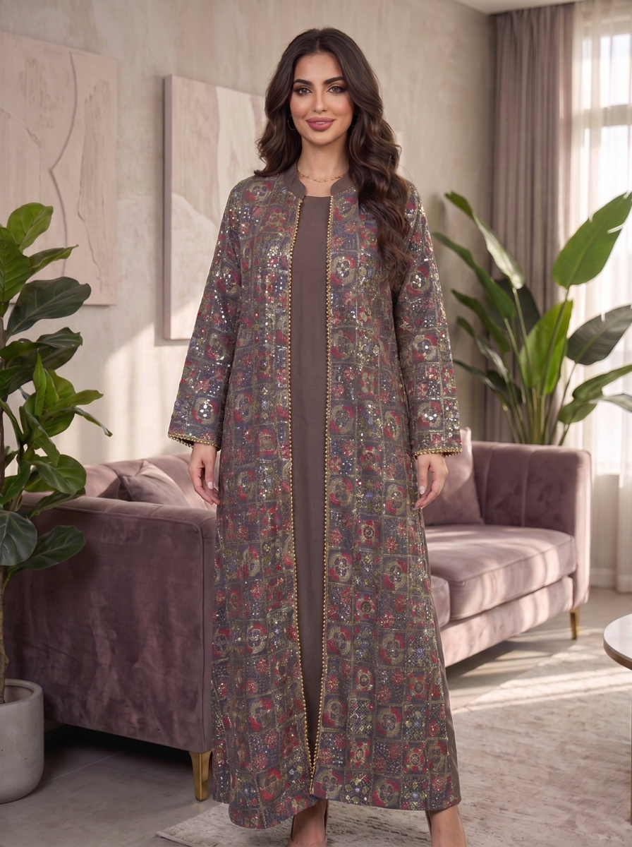 Women’s Brown Layered Maxi Kaftan Dress with Patterned Overcoat – Elegant 2-Piece Festive Abaya Set