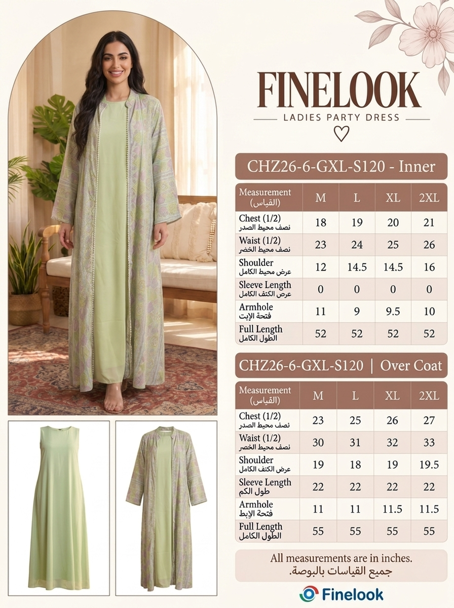Women’s Sage Green Printed Open-Front Kaftan with Matching Inner Slip – 2-Piece Festive Maxi Set