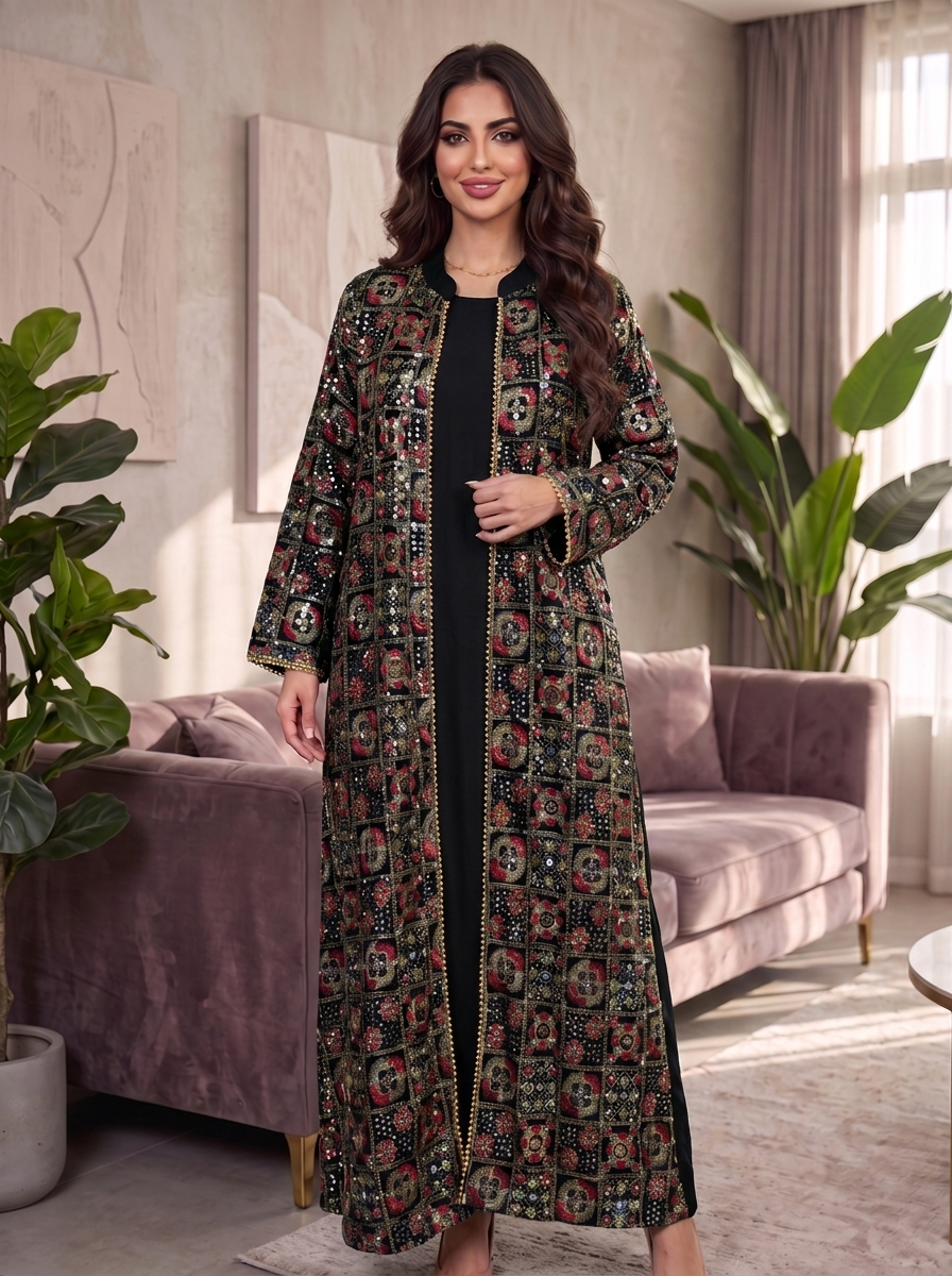 Women’s Black Layered Maxi Kaftan Dress with Patterned Overcoat – Elegant 2-Piece Festive Abaya Set
