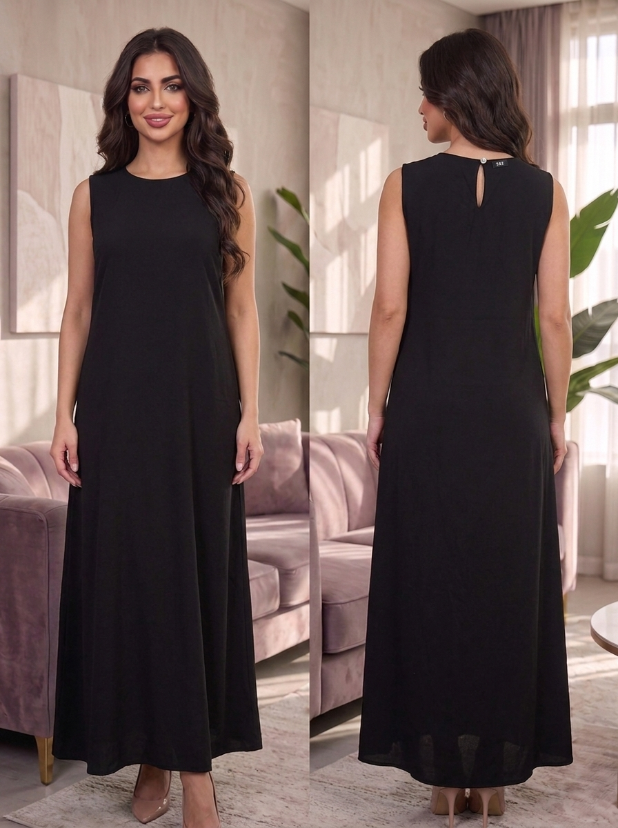 Women’s Black Layered Maxi Kaftan Dress with Patterned Overcoat – Elegant 2-Piece Festive Abaya Set