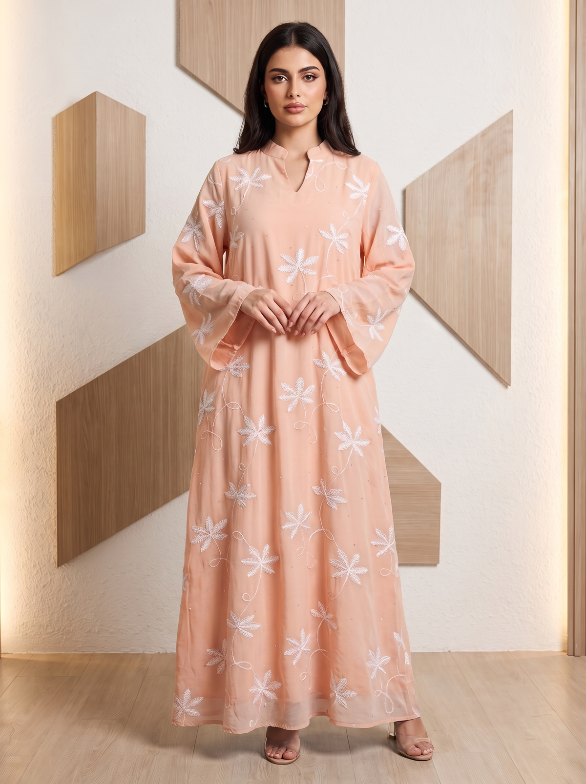 Women’s Peach Floral Embroidered Maxi Kaftan Dress – Elegant Long-Sleeve Festive Abaya