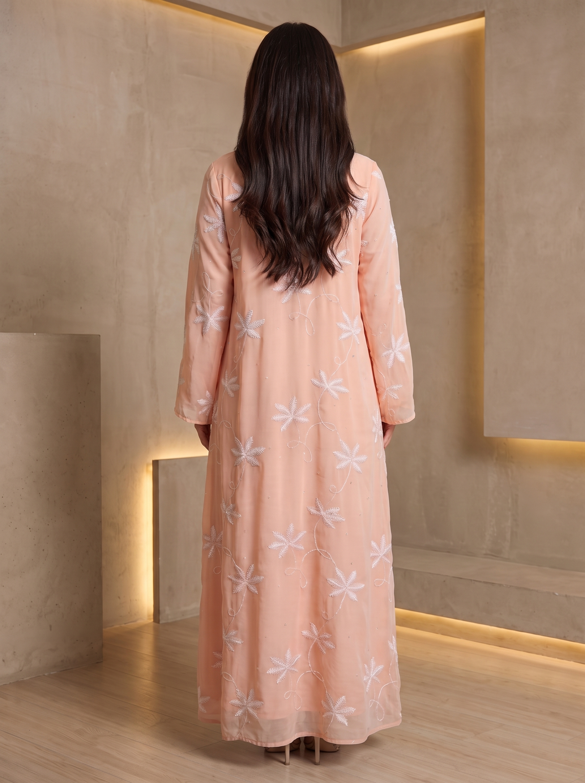 Women’s Peach Floral Embroidered Maxi Kaftan Dress – Elegant Long-Sleeve Festive Abaya