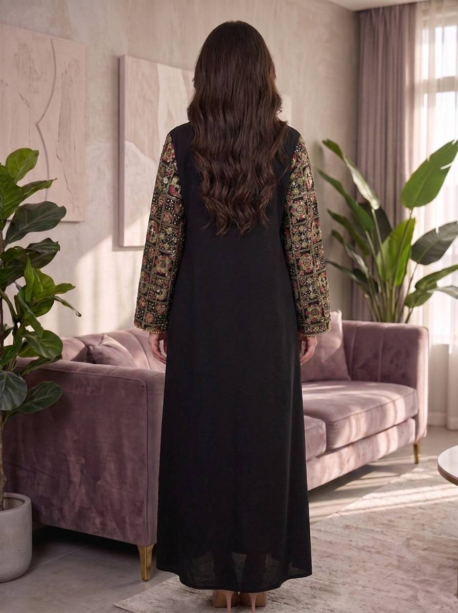 Women’s Black Layered Maxi Kaftan Dress with Patterned Overcoat – Elegant 2-Piece Festive Abaya Set
