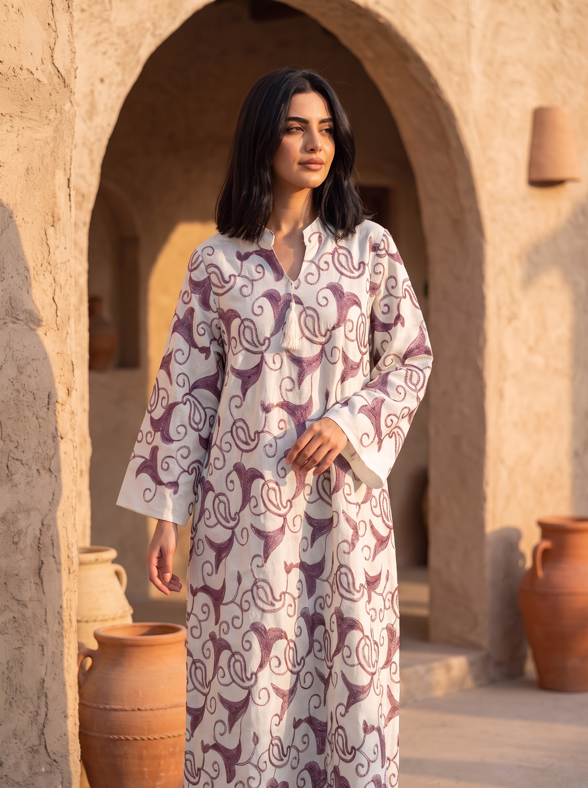 Elegant Embroidered Pink Kaftan Dress | Luxury Long-Sleeve Maxi with V-Neck Tassels