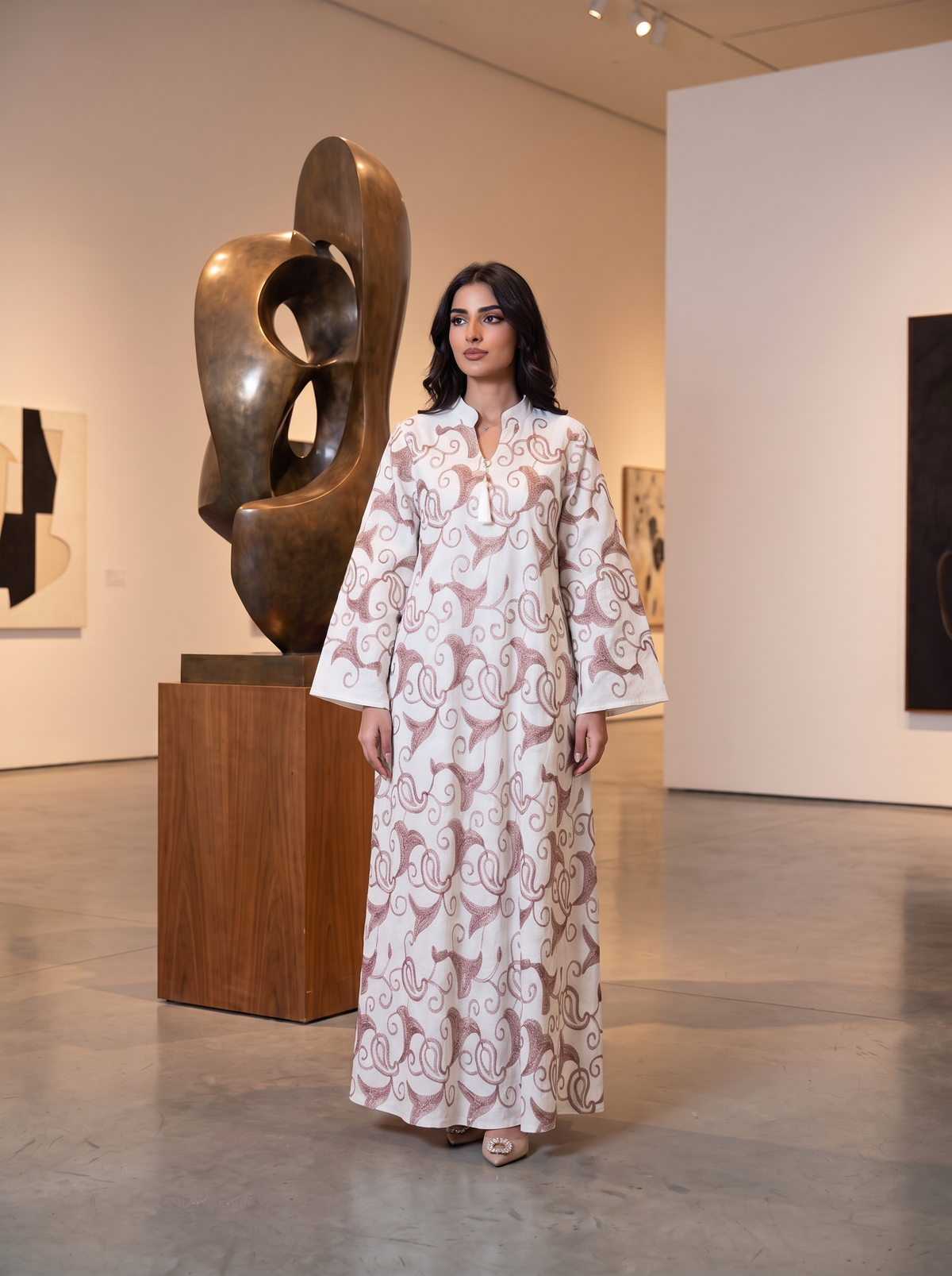 Elegant Embroidered Pink Kaftan Dress | Luxury Long-Sleeve Maxi with V-Neck Tassels