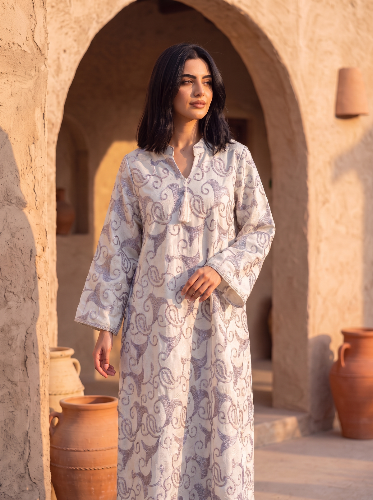 Elegant Embroidered Light Purple Kaftan Dress | Luxury Long-Sleeve Maxi with V-Neck Tassels
