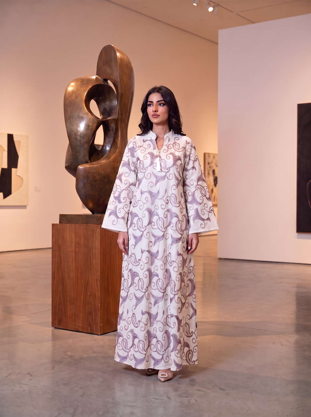 Elegant Embroidered Light Purple Kaftan Dress | Luxury Long-Sleeve Maxi with V-Neck Tassels