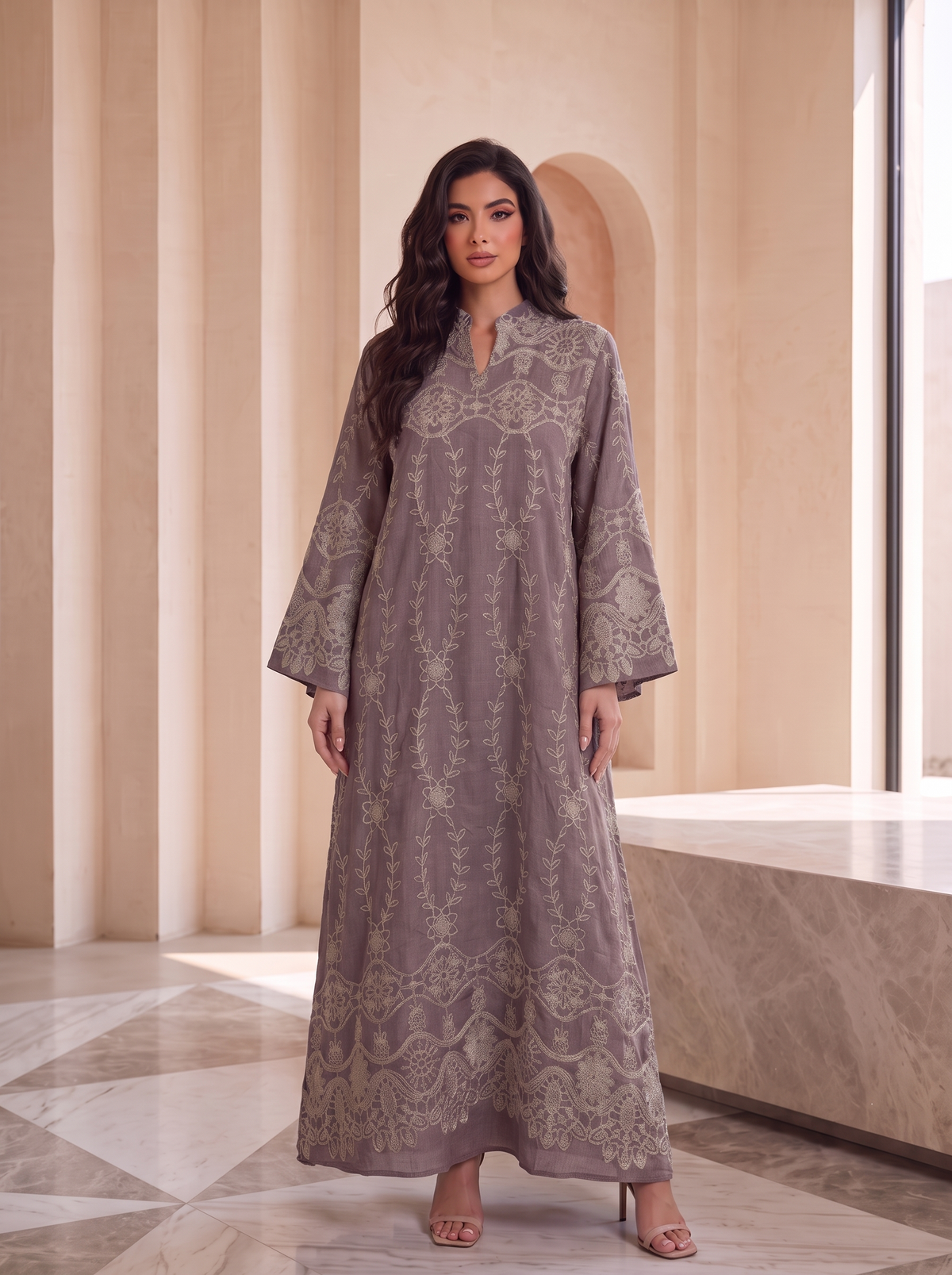 Women’s Plum Embroidered Maxi Kaftan Dress – Elegant Long-Sleeve Casual & Festive Long Dress