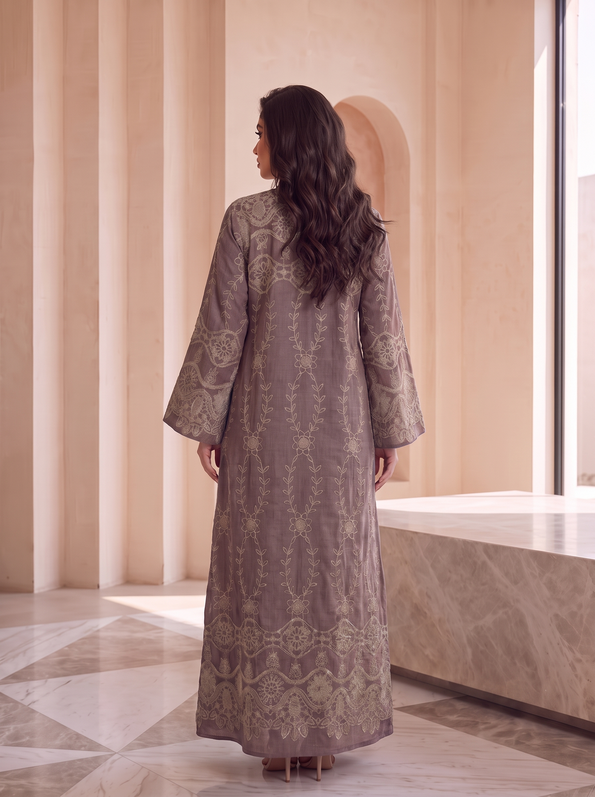 Women’s Plum Embroidered Maxi Kaftan Dress – Elegant Long-Sleeve Casual & Festive Long Dress