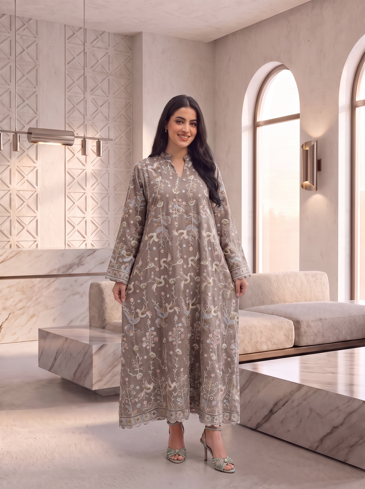 Women’s Coffee Embroidered Maxi Kaftan Dress – Elegant Long-Sleeve Festive Abaya