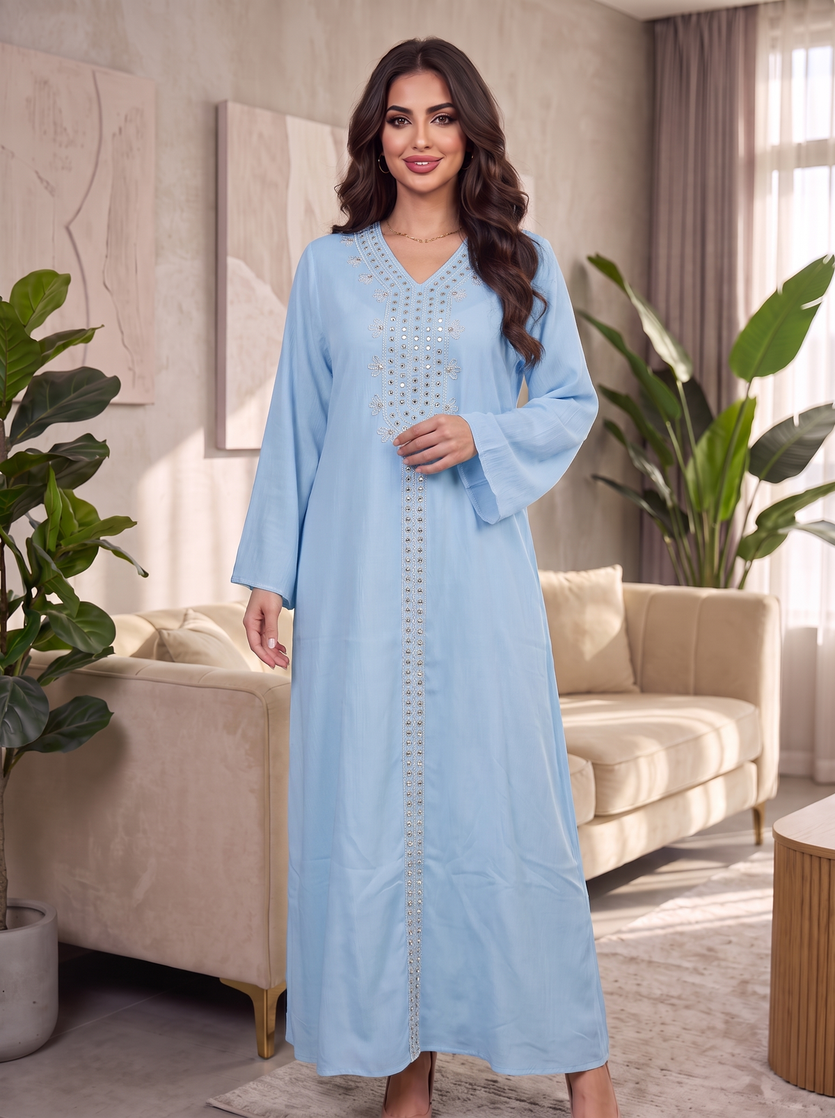 Women’s Sky Blue Embroidered & Embellished Maxi Kaftan Dress – Elegant Long-Sleeve Festive Abaya