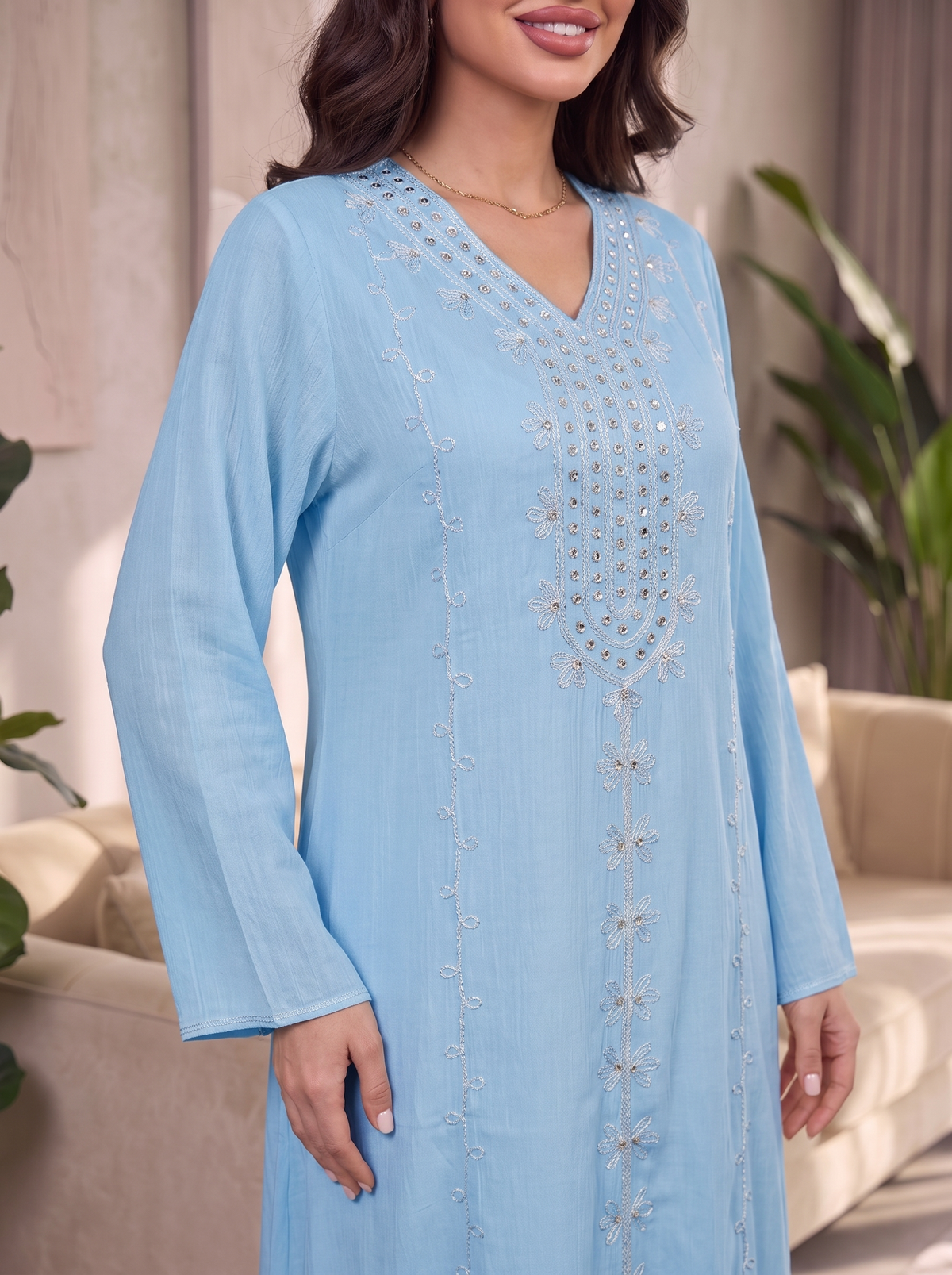 Women’s Sky Blue Embroidered & Embellished Maxi Kaftan Dress – Elegant Long-Sleeve Festive Abaya