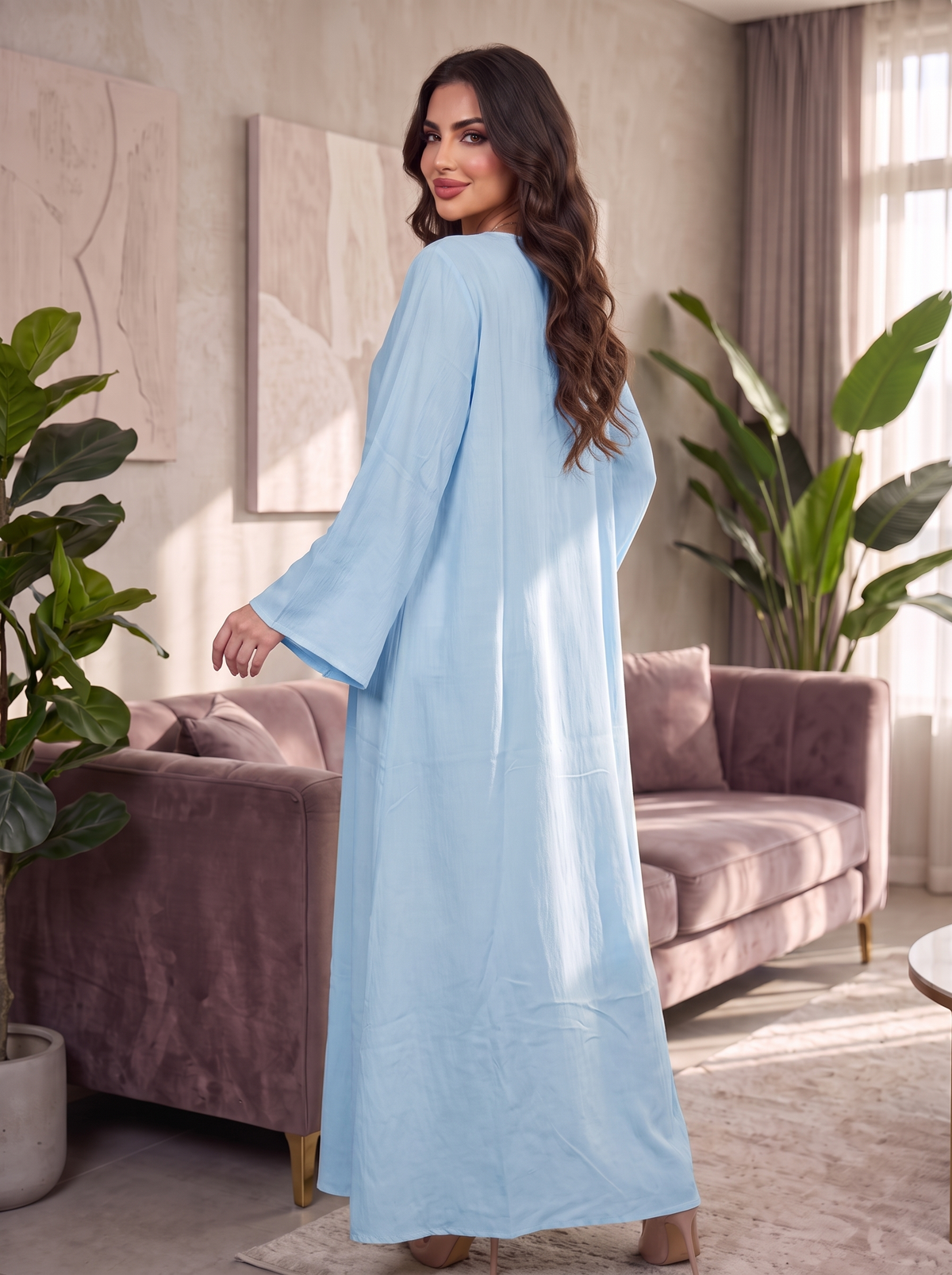 Women’s Sky Blue Embroidered & Embellished Maxi Kaftan Dress – Elegant Long-Sleeve Festive Abaya
