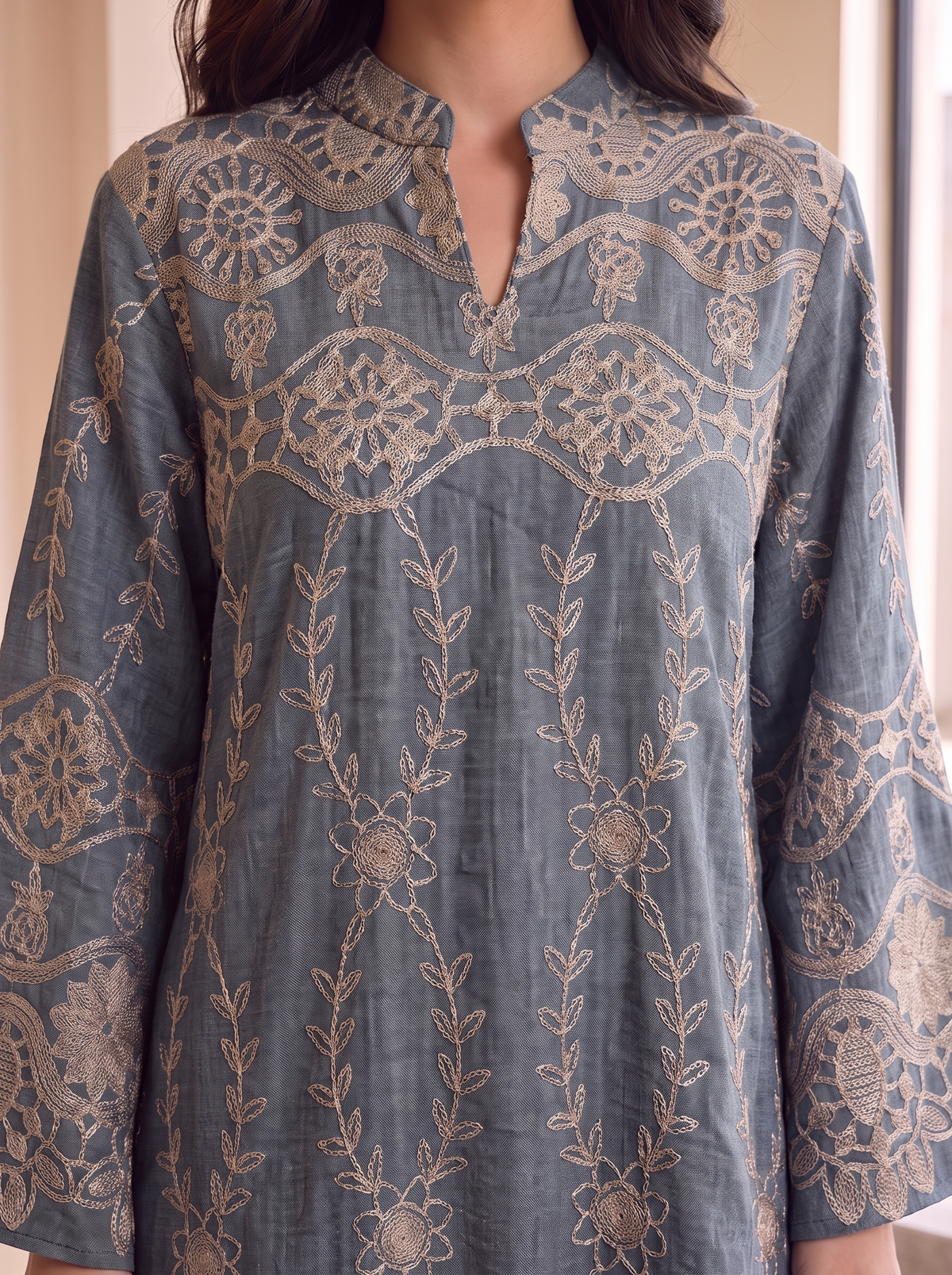 Women’s Bluish Gray Embroidered Maxi Kaftan Dress – Elegant Long-Sleeve Casual & Festive Long Dress