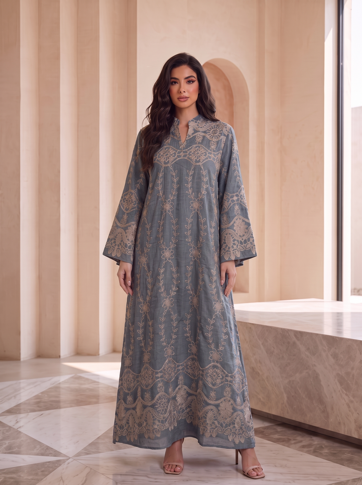 Women’s Bluish Gray Embroidered Maxi Kaftan Dress – Elegant Long-Sleeve Casual & Festive Long Dress