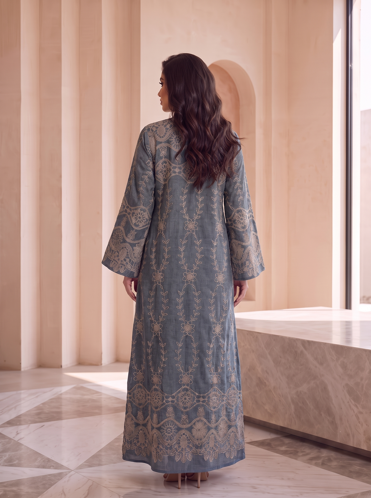 Women’s Bluish Gray Embroidered Maxi Kaftan Dress – Elegant Long-Sleeve Casual & Festive Long Dress
