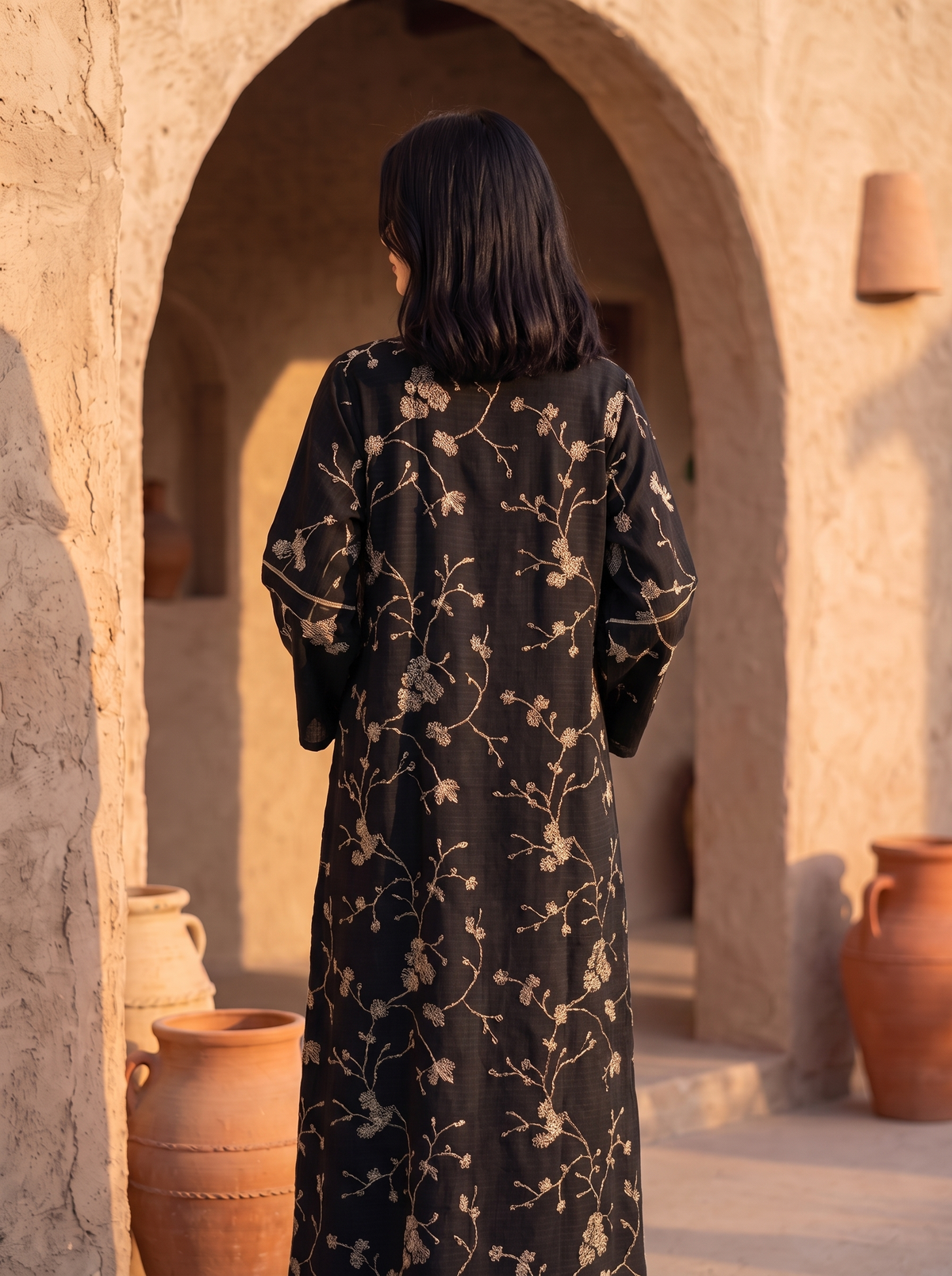 Women’s Black Gold-Embroidered Maxi Kaftan Dress with Brooch Accent – Elegant Long-Sleeve Festive Abaya