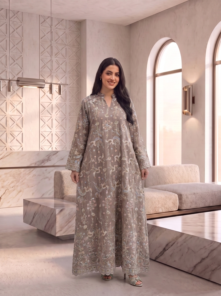 Women’s Coffee Embroidered Maxi Kaftan Dress – Elegant Long-Sleeve Festive Abaya