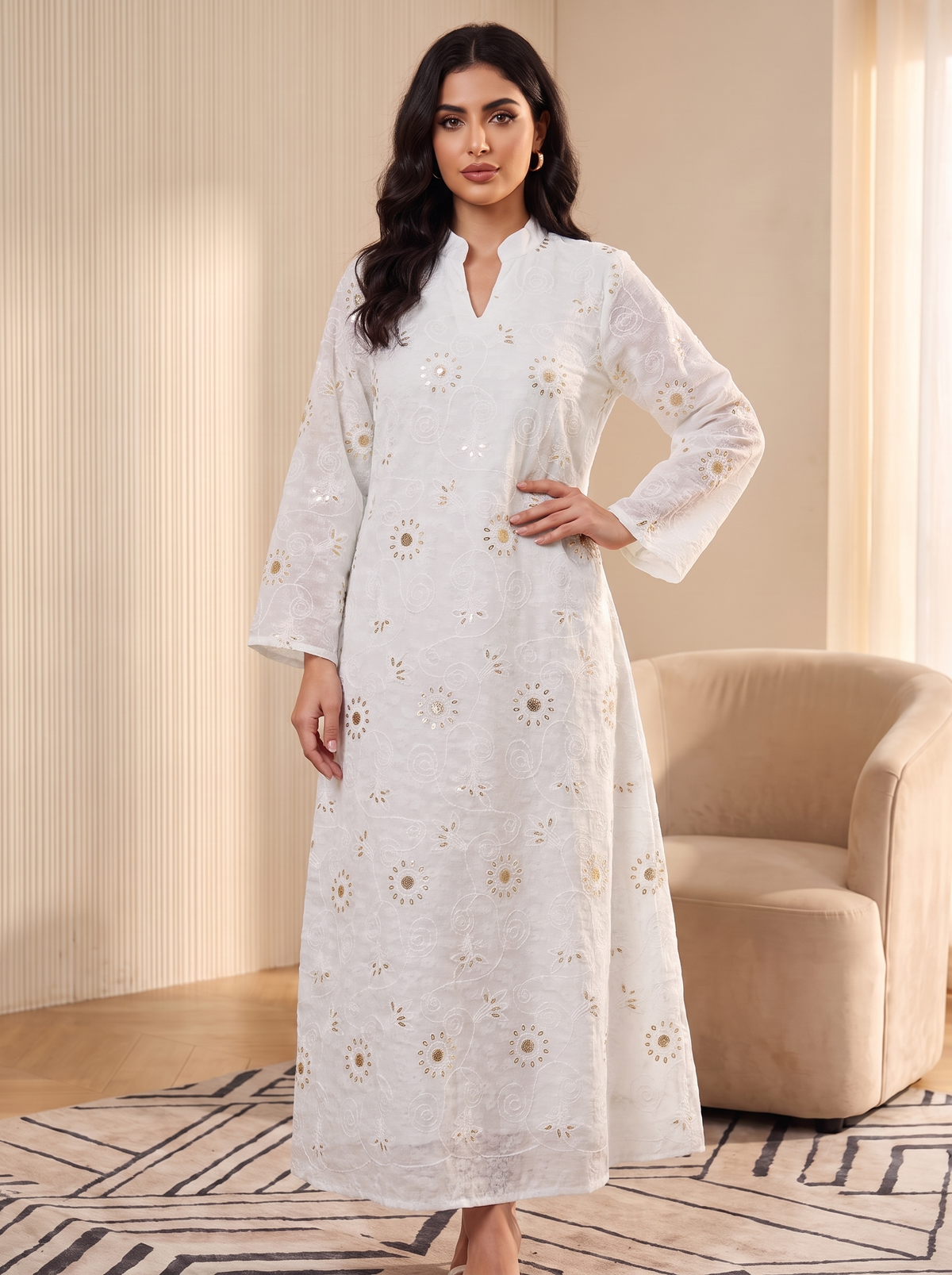 Women’s White Embroidered & Mirror-Work Maxi Kaftan Dress – Elegant Long-Sleeve Festive Abaya