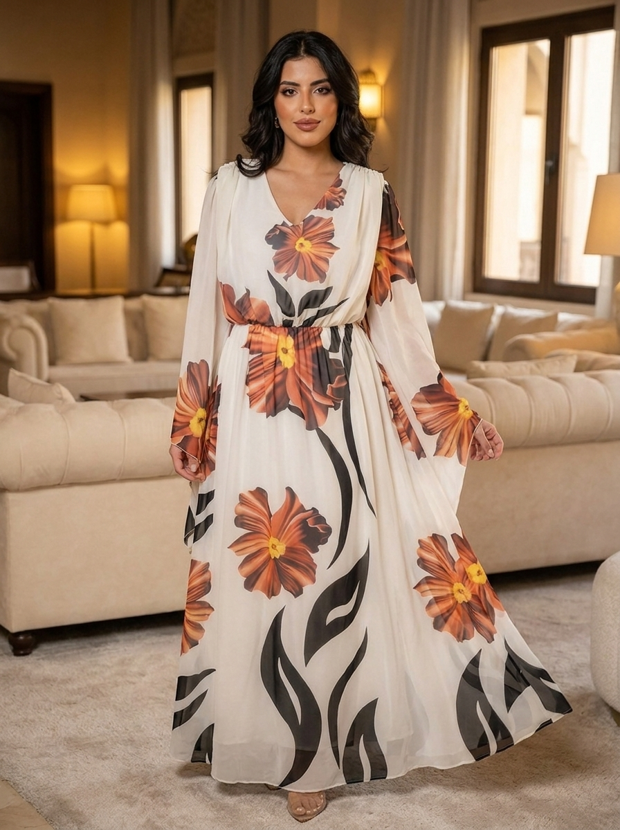 Elegant Off-White Floral Chiffon Maxi Dress with Cape Sleeves