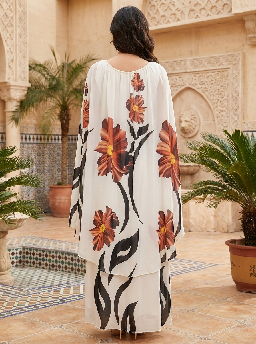 Elegant Off-White Floral Chiffon Maxi Dress with Cape Sleeves