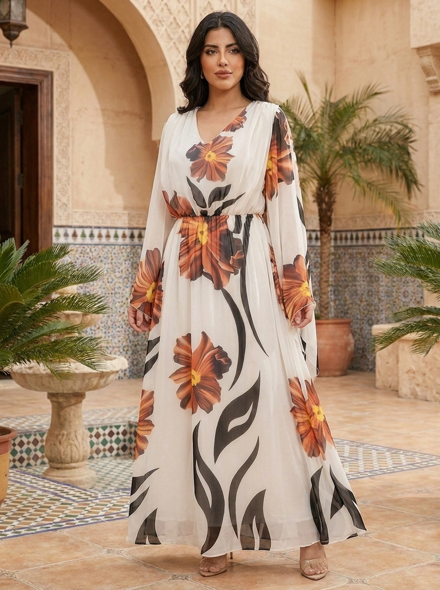 Elegant Off-White Floral Chiffon Maxi Dress with Cape Sleeves
