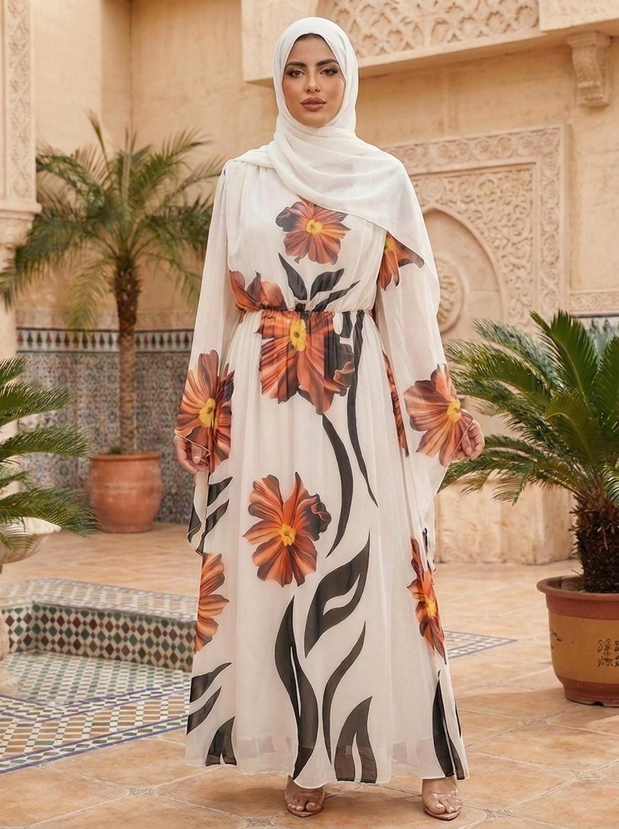 Elegant Off-White Floral Chiffon Maxi Dress with Cape Sleeves